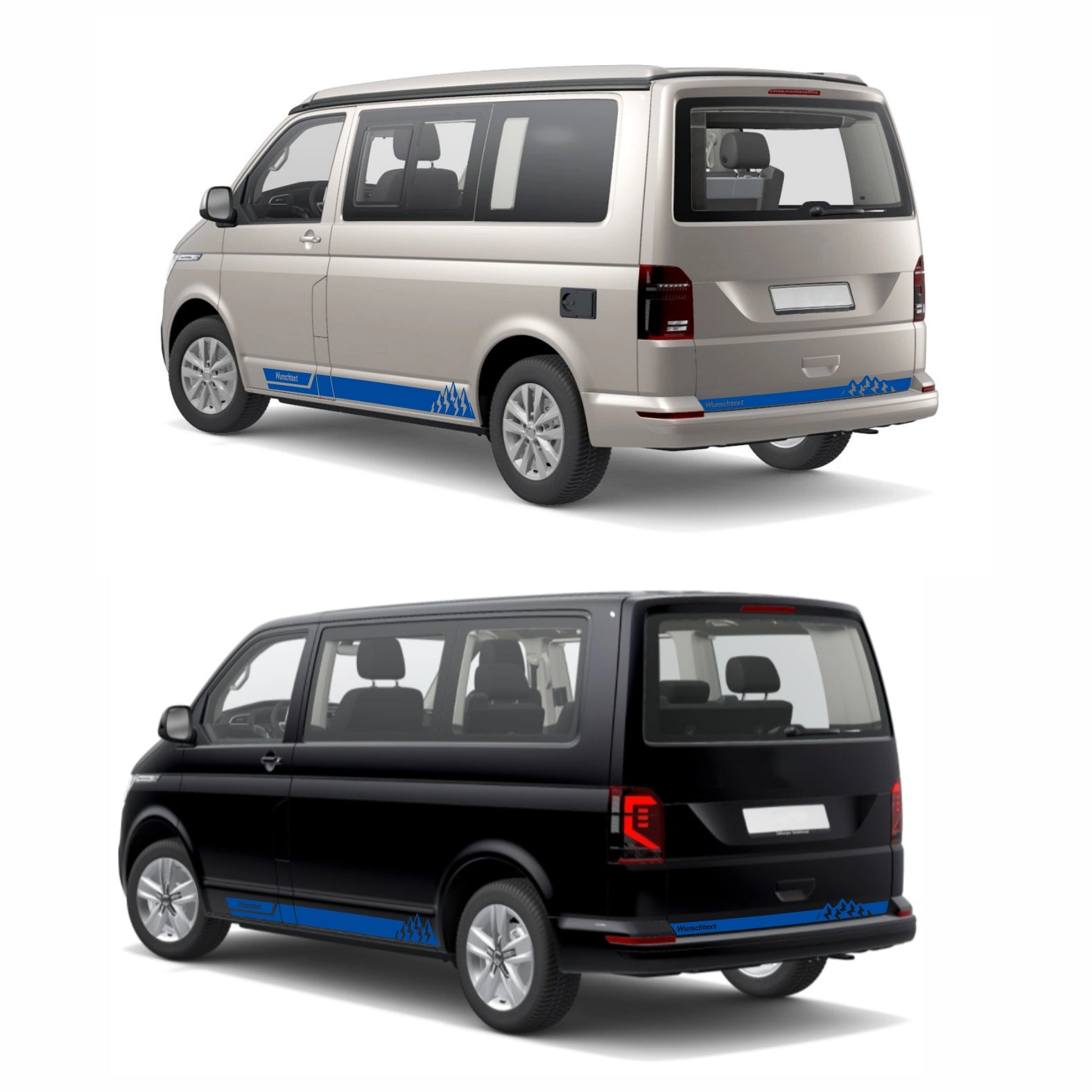 Seitenstreifen Aufkleber mit "Berge" Motiv passend für VW T6.1, T6, T5, Multivan, Bulli, Transporter - WUNSCHTEXT - FOTOFOL