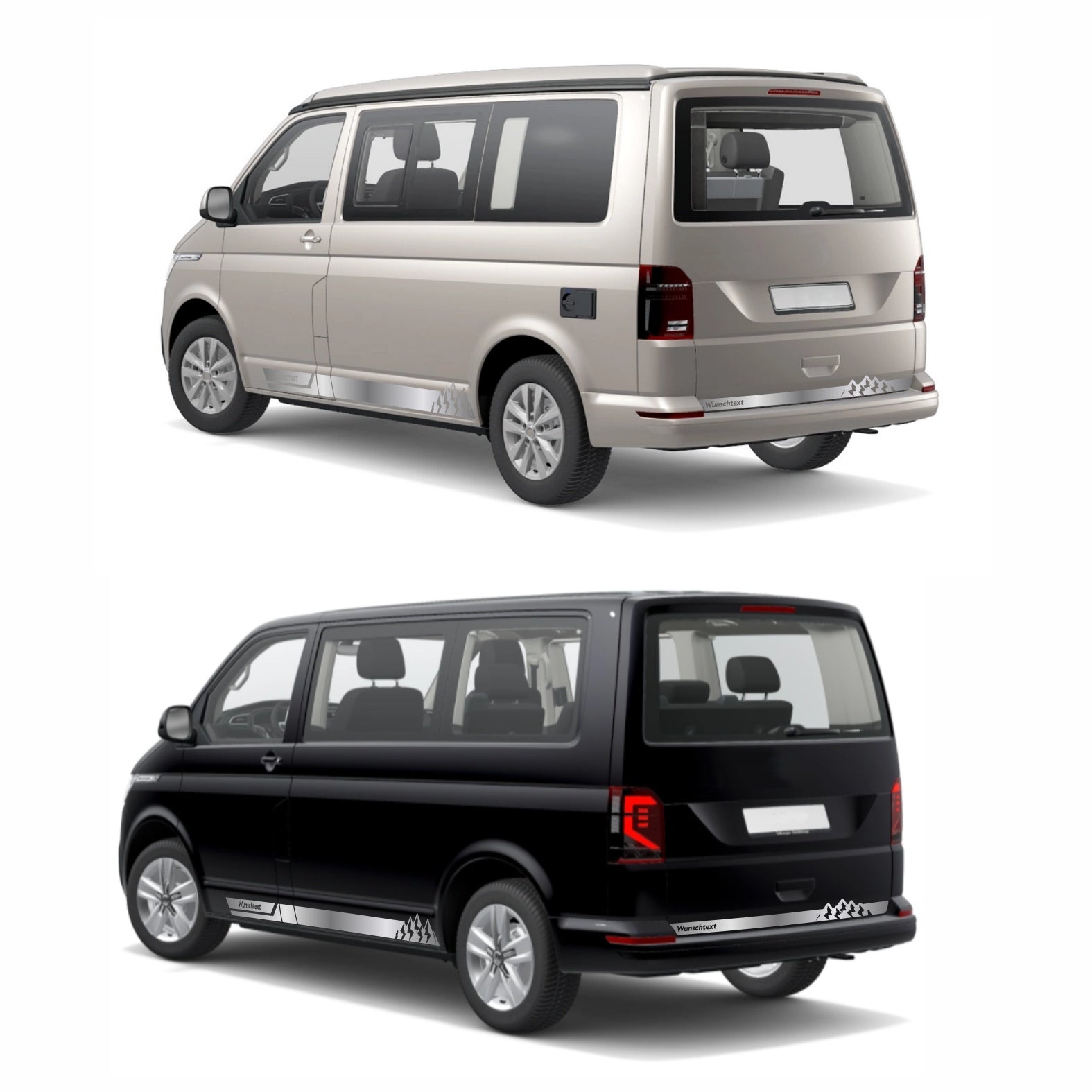 Seitenstreifen Aufkleber mit "Berge" Motiv passend für VW T6.1, T6, T5, Multivan, Bulli, Transporter - WUNSCHTEXT - FOTOFOL