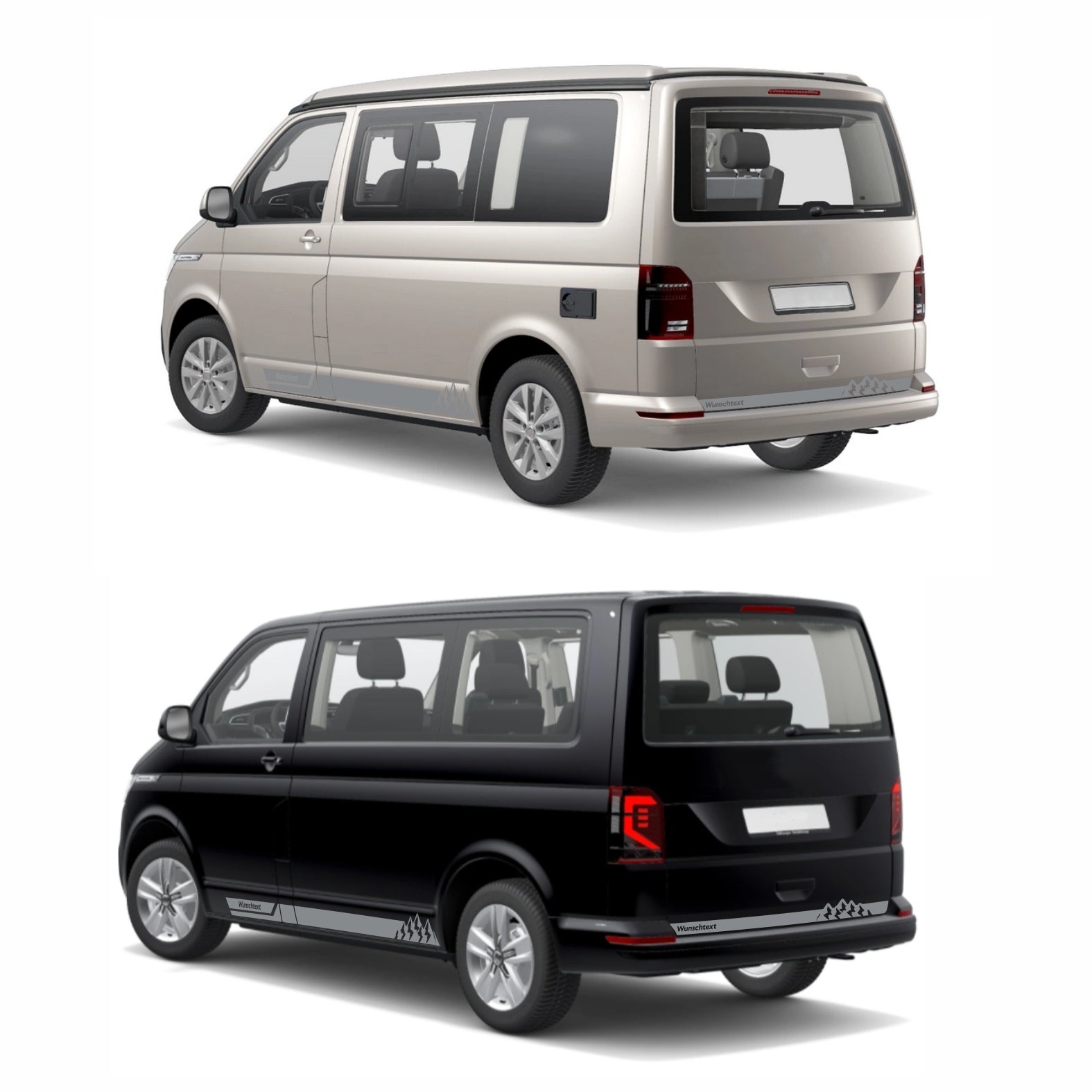 Seitenstreifen Aufkleber mit "Berge" Motiv passend für VW T6.1, T6, T5, Multivan, Bulli, Transporter - WUNSCHTEXT - FOTOFOL