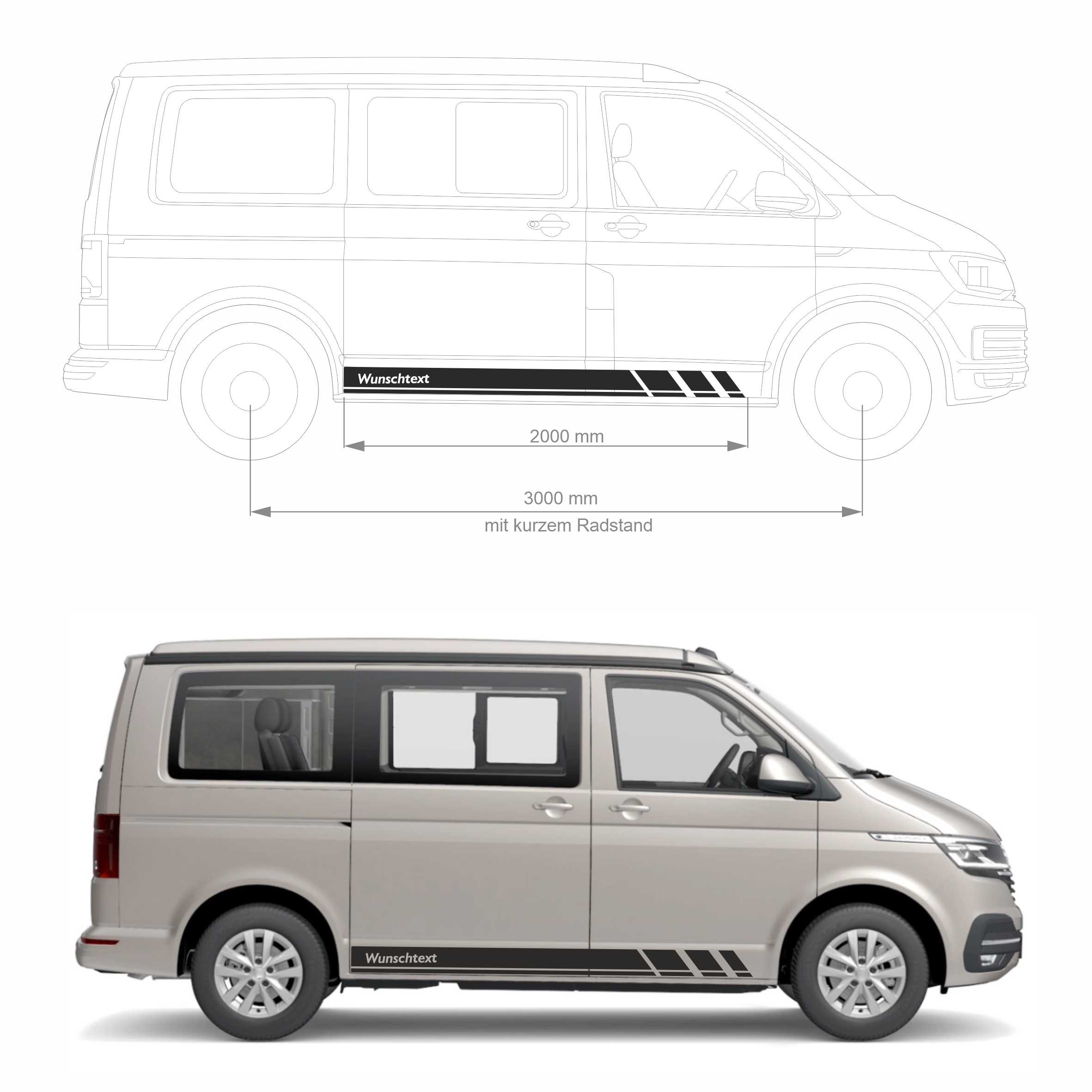 Seitenstreifen Zierstreifen passend für VW T6.1, T6, T5, Multivan, Bulli, Wunschtext, Seitenaufkleber + Rakel - FOTOFOL