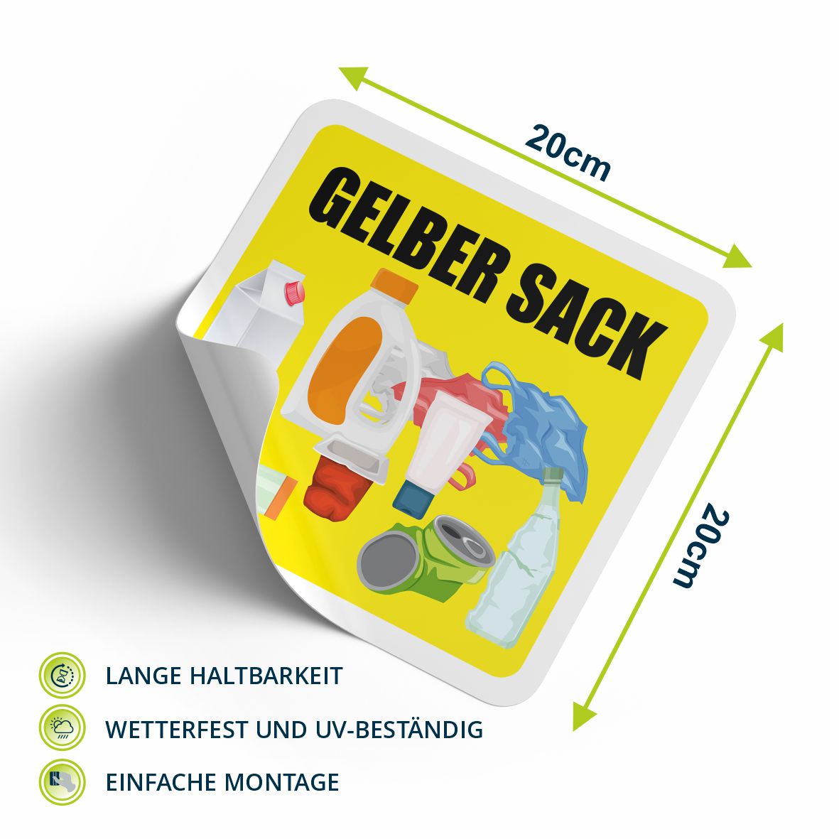 Aufkleber für Abfall- und Mülltrennung Aufkleber 20x20cm - UV-Beständig und Wetterfest - Restmüll, Gelber Sack, Biomüll, Altpapier - FOTOFOL