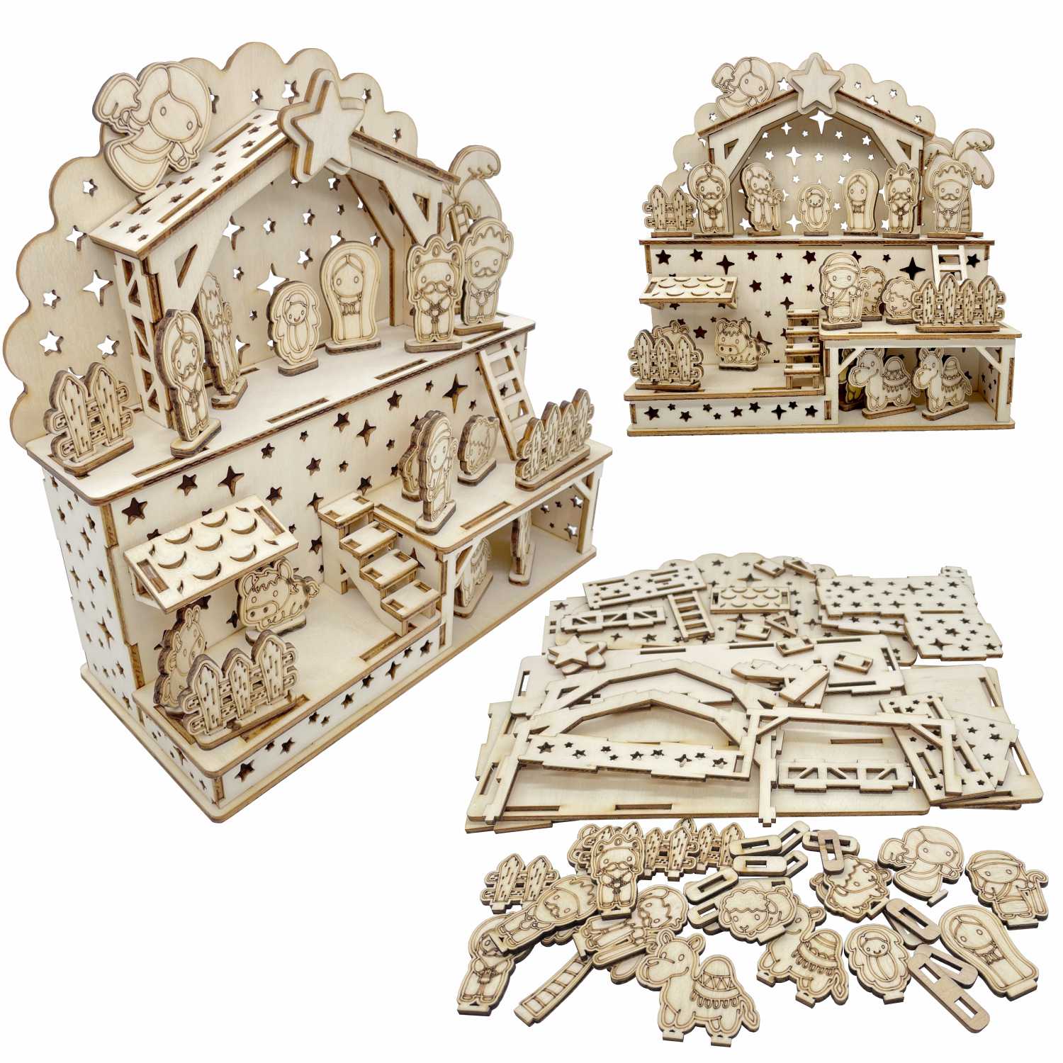 Bastelset Weihnachtskrippe aus Birkensperrholz - Große Krippe zum bemalen - FOTOFOL