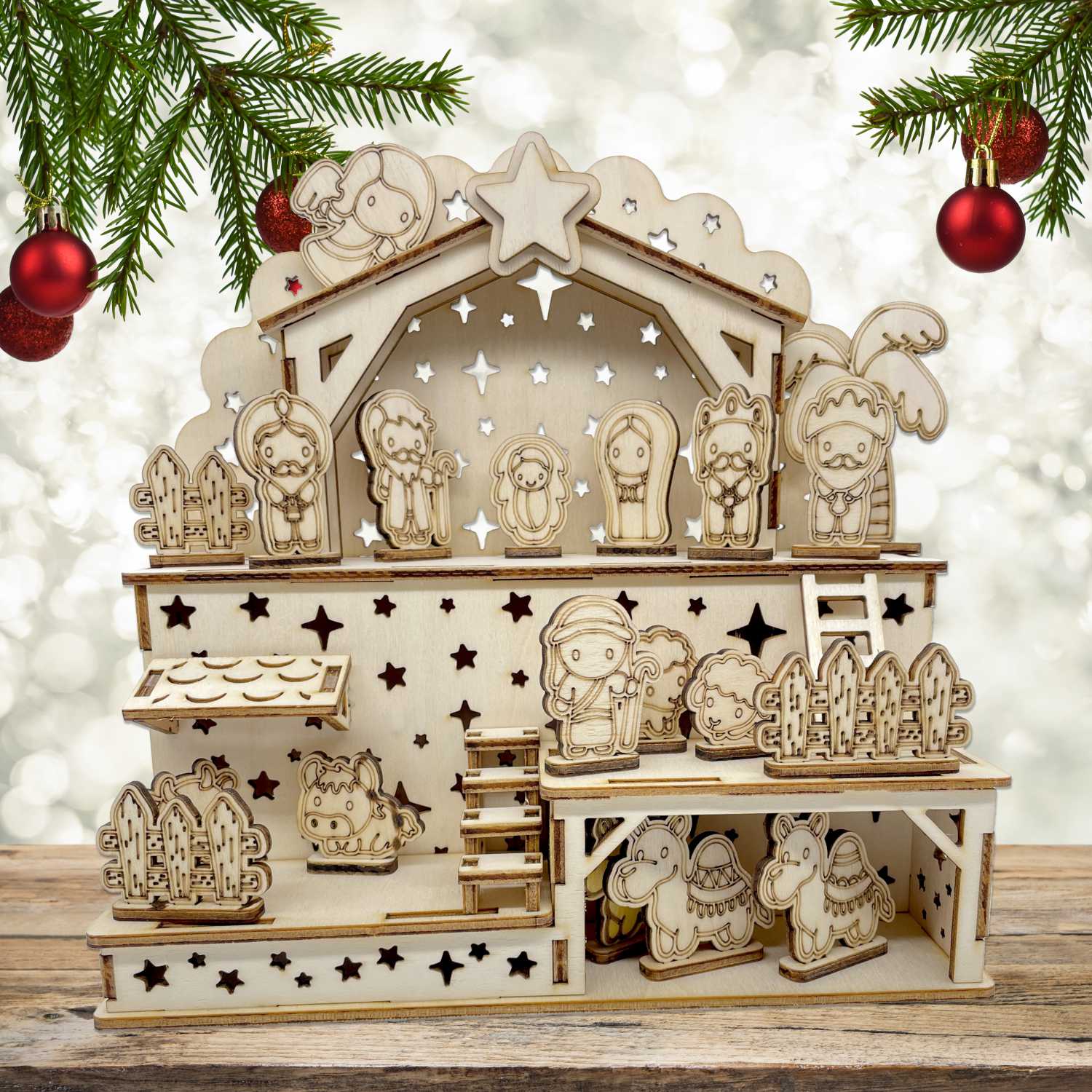 Bastelset Weihnachtskrippe aus Birkensperrholz - Große Krippe zum bemalen - FOTOFOL