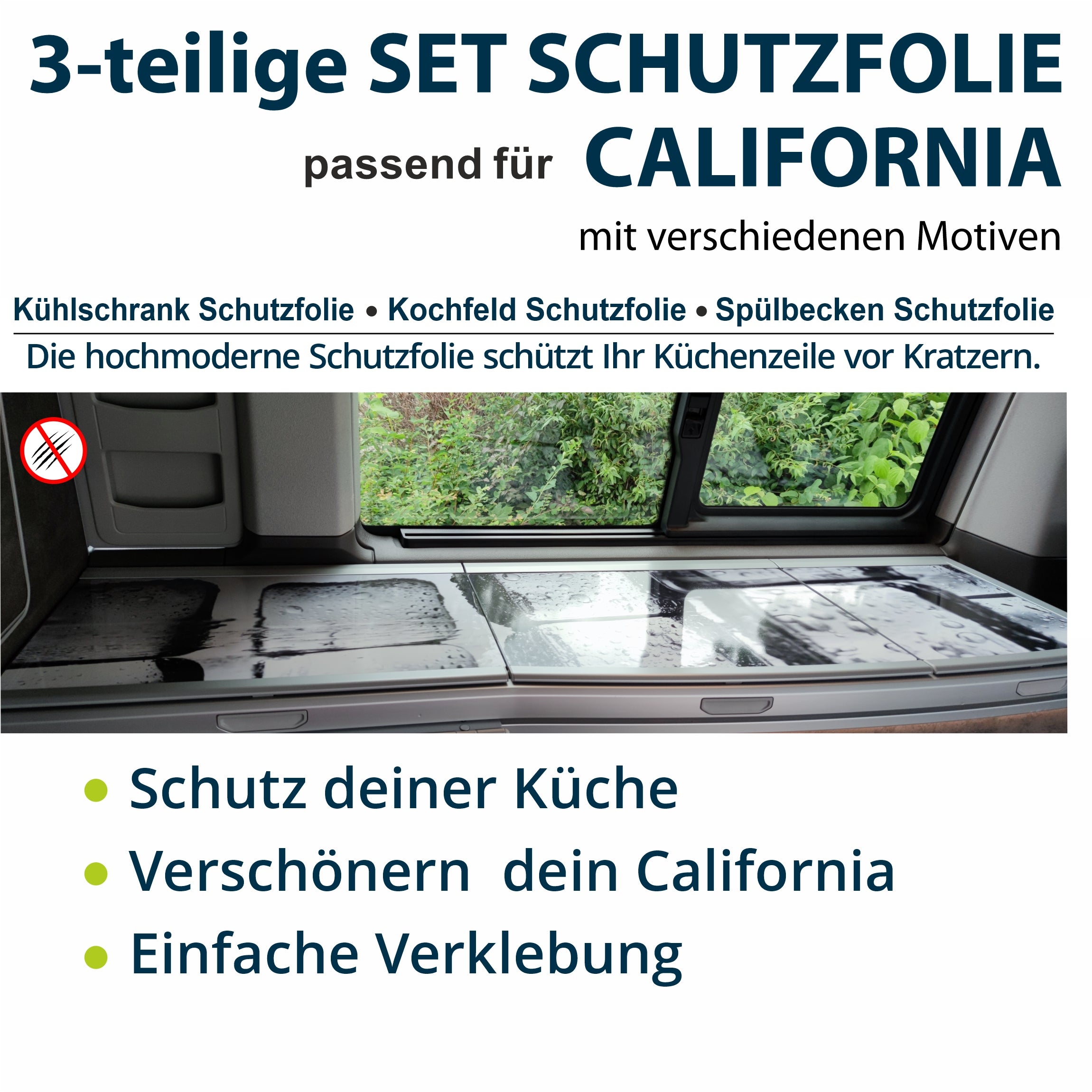 Schutzfolien Auto-Set, passend für VW T6.1 oder T6 California -
Schutz für Glass-Abdeckung vom Kühlschrank, Kochfeld,
Spülbecken mit verschiedenen Motiven | FOTOFOL