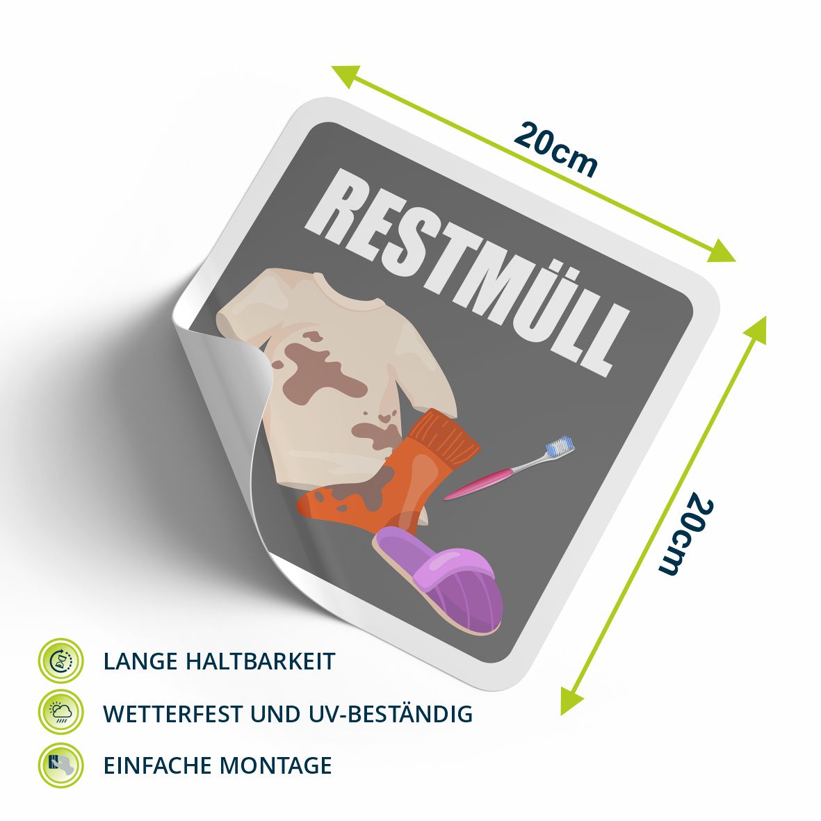 Aufkleber für Abfall- und Mülltrennung Aufkleber 20x20cm - UV-Beständig und Wetterfest - Restmüll, Gelber Sack, Biomüll, Altpapier - FOTOFOL