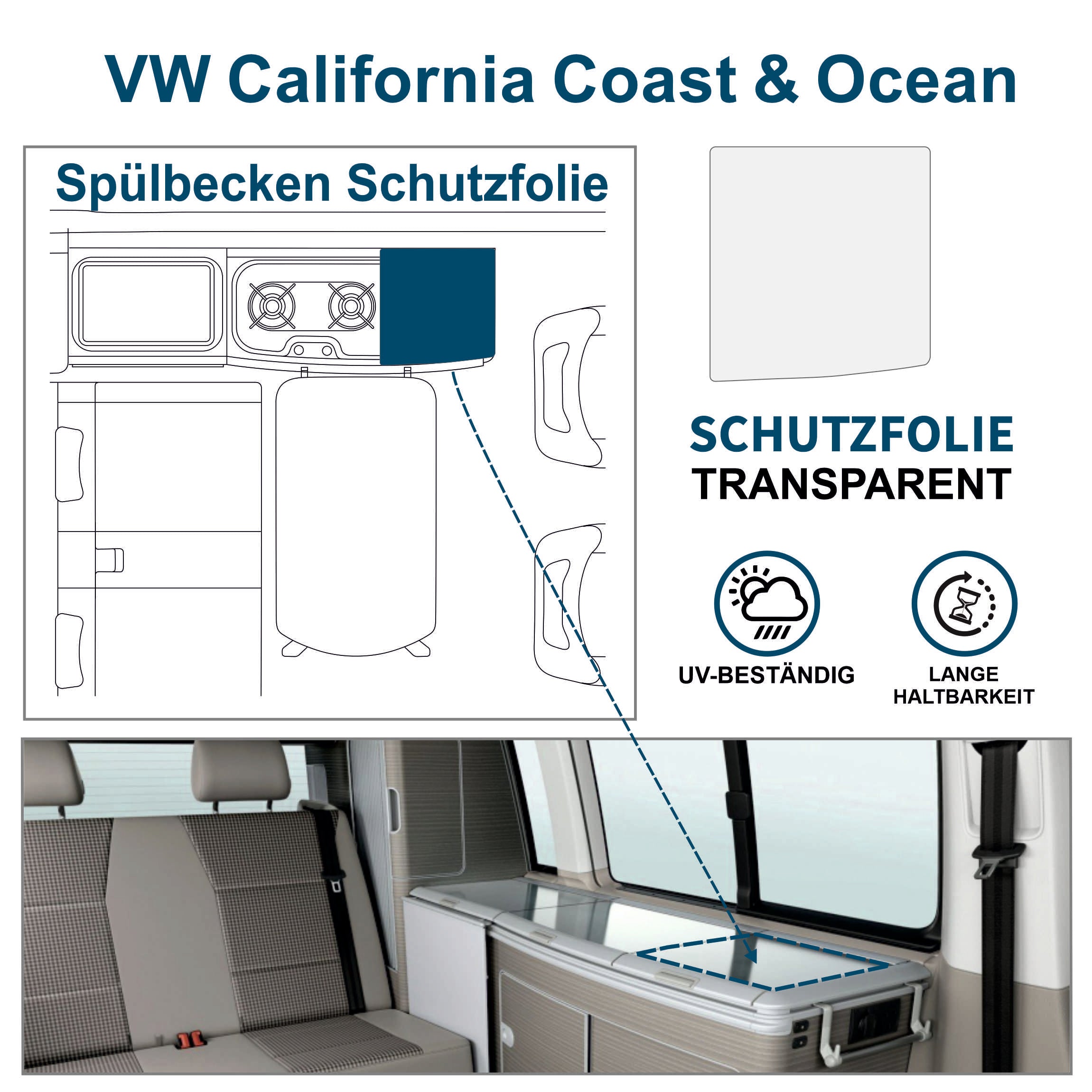 Schutzfolie Auto transparent - passend für VW T6.1 oder T6 California Deckel Kühlschrank Kochfeld Spülbecken California Coast Ocean Bulli - FOTOFOL