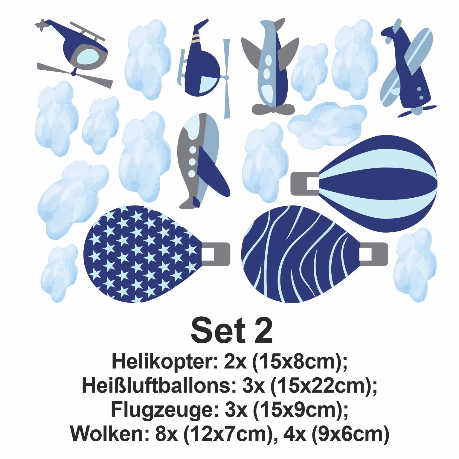 Wandtattoo Kinderzimmer Flugzeuge mit Wolken Farbe Blau Grau - FOTOFOL