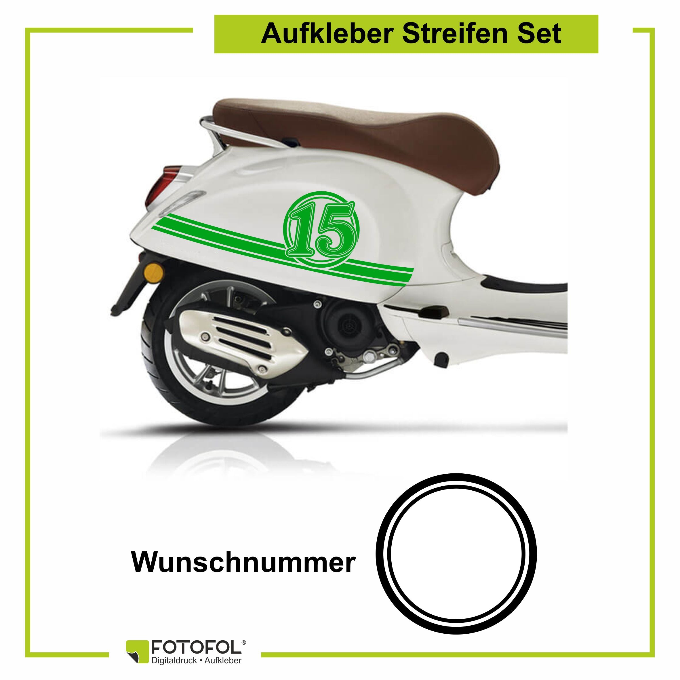 Aufkleber Streifen Set Wunschnummer passend für Motorroller "Vespa Primavera" - Wunschzahl Dekor Aufkleber Scooter - FOTOFOL