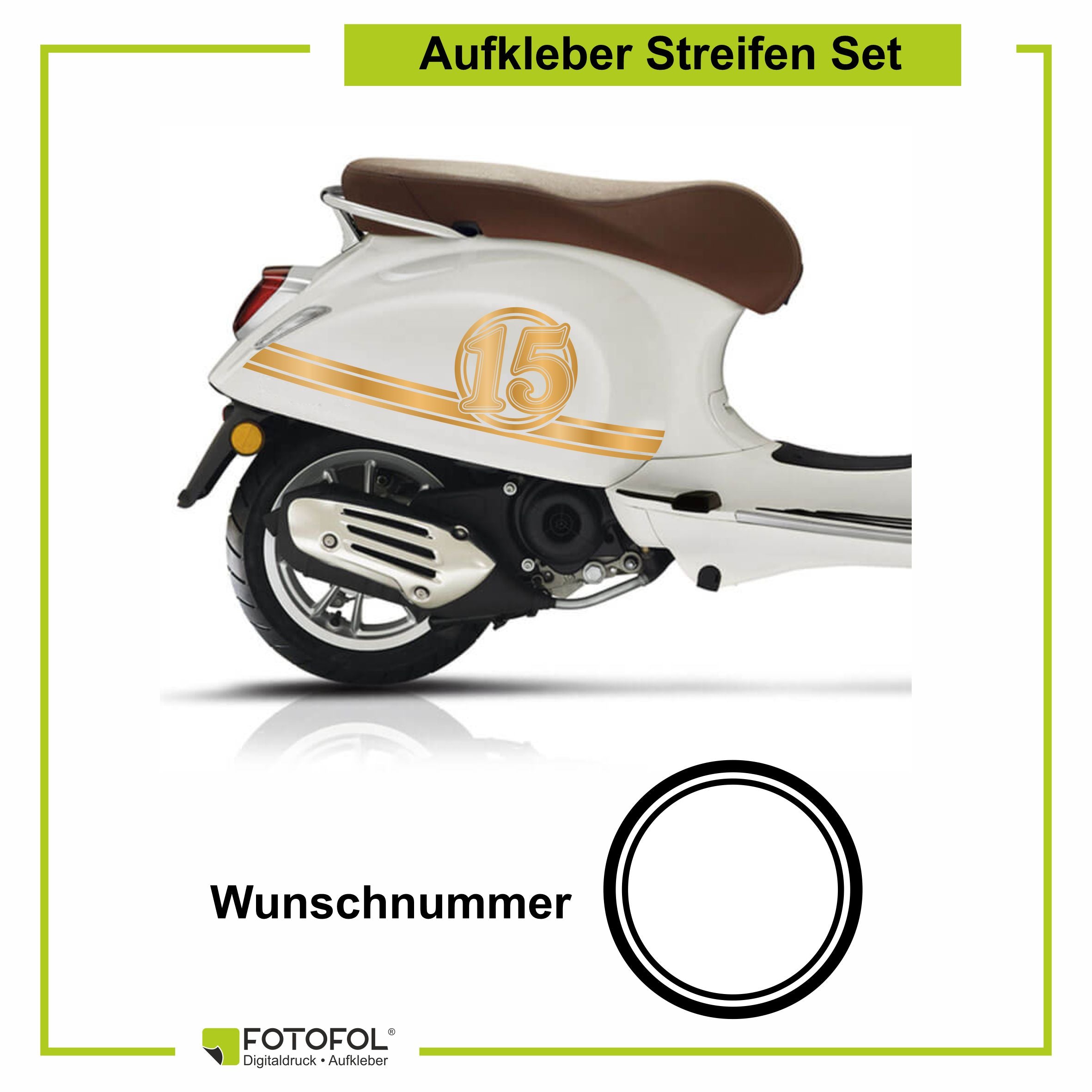Aufkleber Streifen Set Wunschnummer passend für Motorroller "Vespa Primavera" - Wunschzahl Dekor Aufkleber Scooter - FOTOFOL