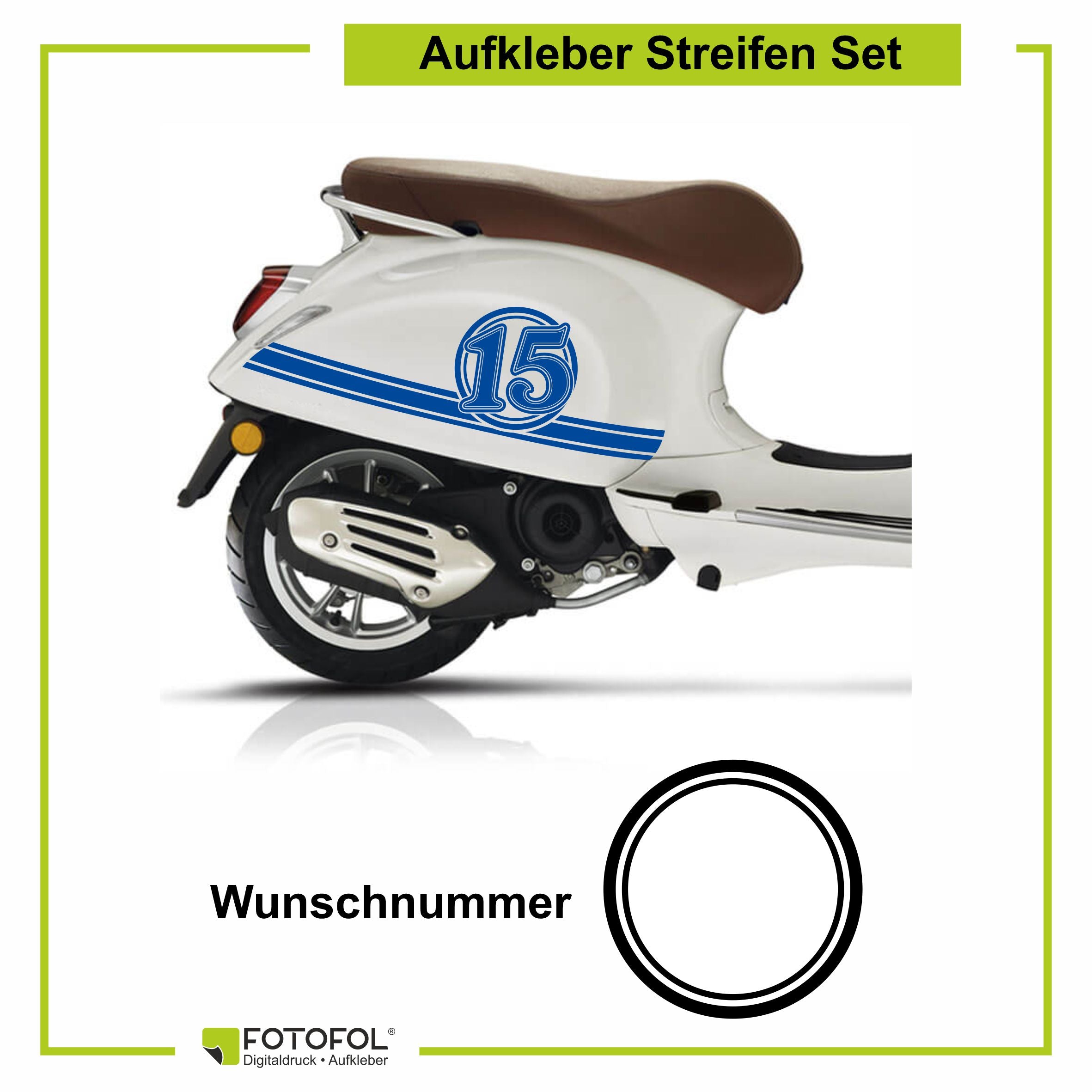 Aufkleber Streifen Set Wunschnummer passend für Motorroller "Vespa Primavera" - Wunschzahl Dekor Aufkleber Scooter - FOTOFOL