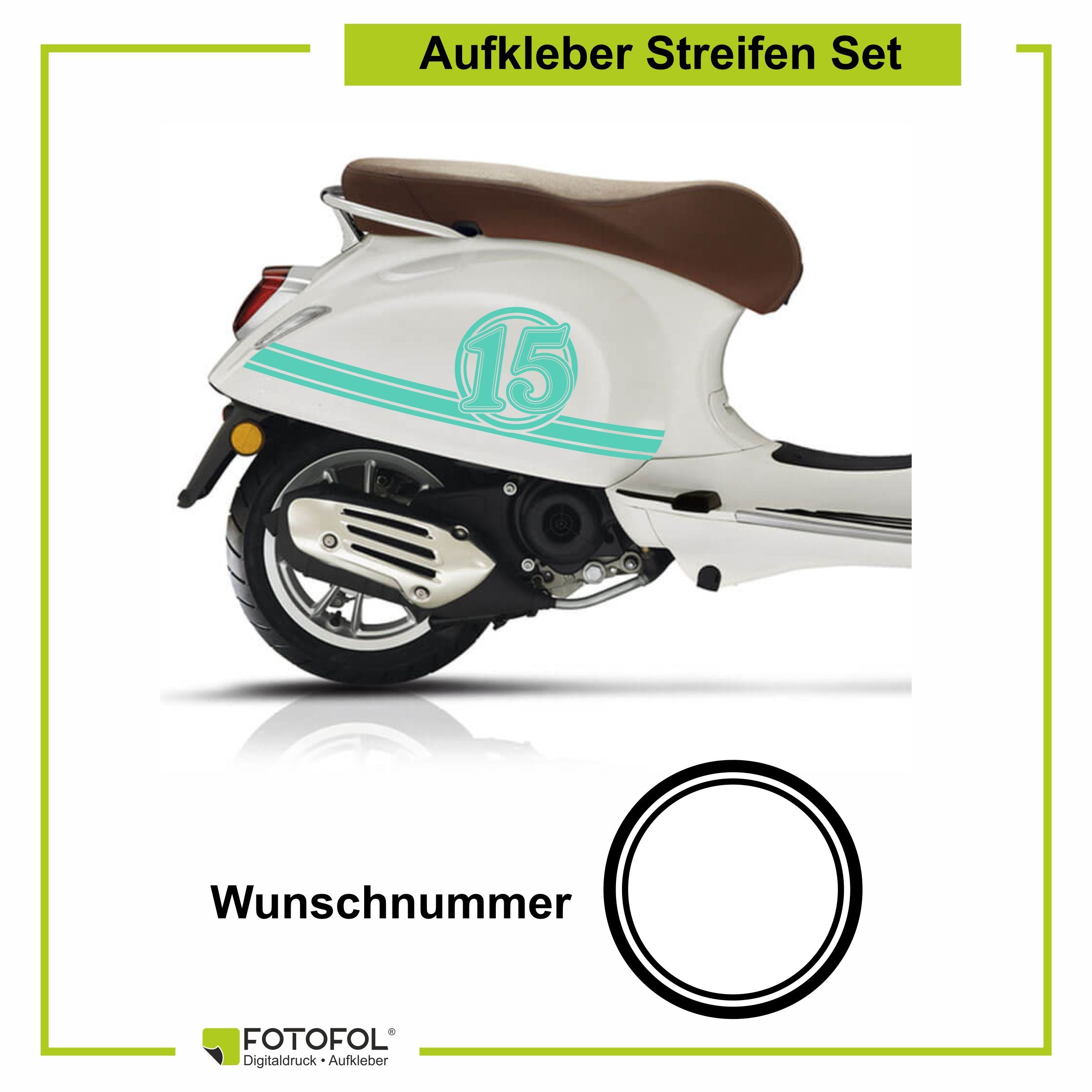 Aufkleber Streifen Set Wunschnummer passend für Motorroller "Vespa Primavera" - Wunschzahl Dekor Aufkleber Scooter - FOTOFOL