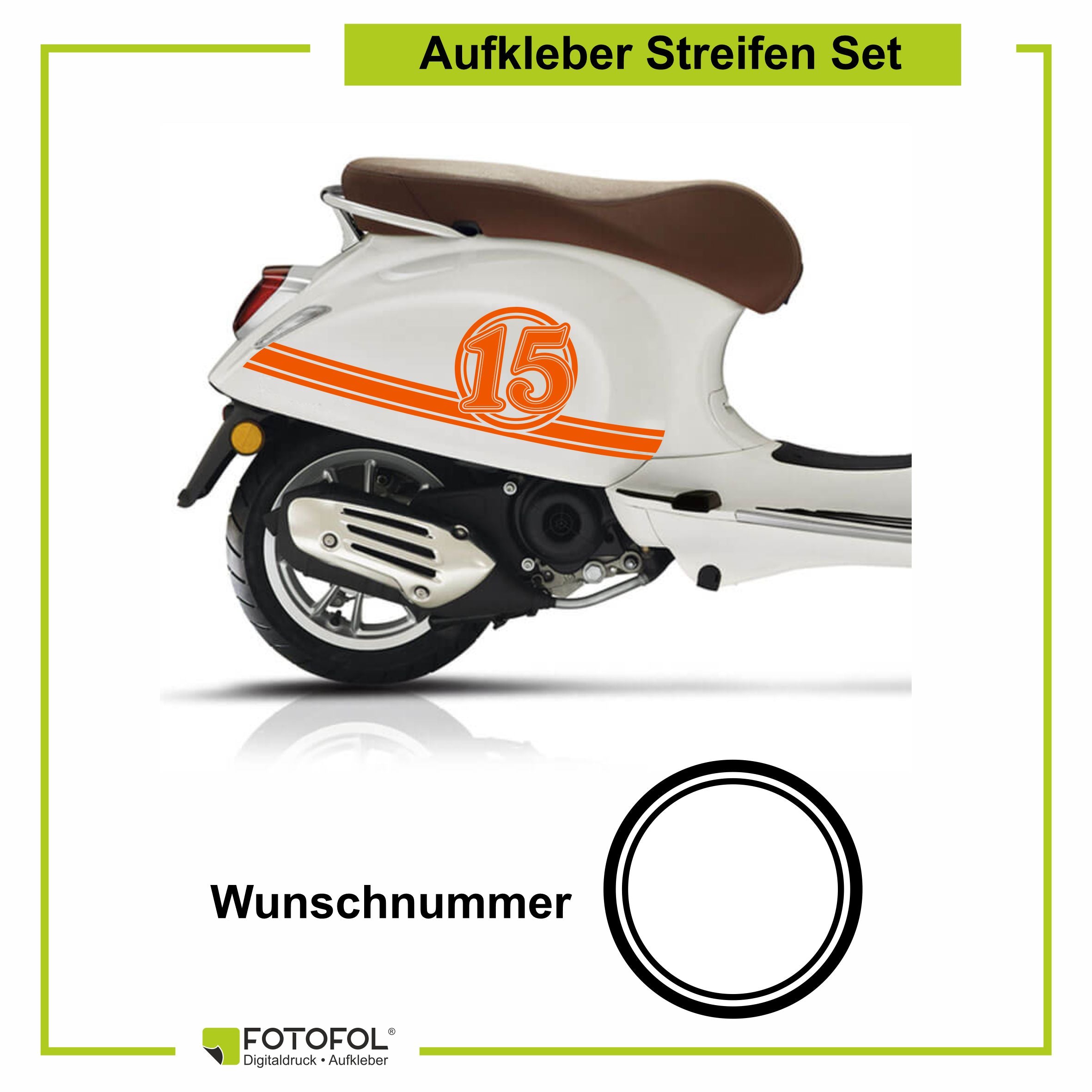 Aufkleber Streifen Set Wunschnummer passend für Motorroller "Vespa Primavera" - Wunschzahl Dekor Aufkleber Scooter - FOTOFOL