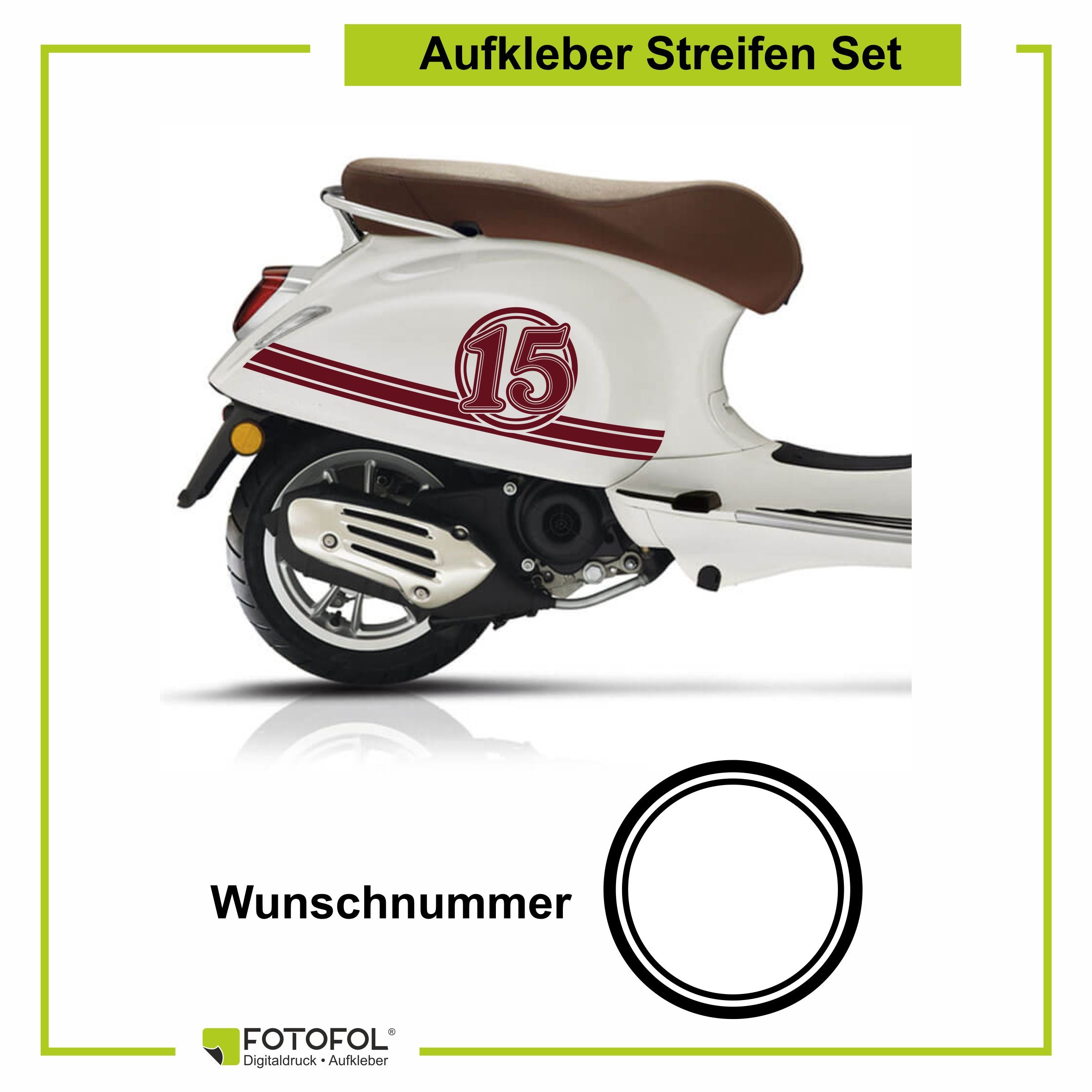 Aufkleber Streifen Set Wunschnummer passend für Motorroller "Vespa Primavera" - Wunschzahl Dekor Aufkleber Scooter - FOTOFOL
