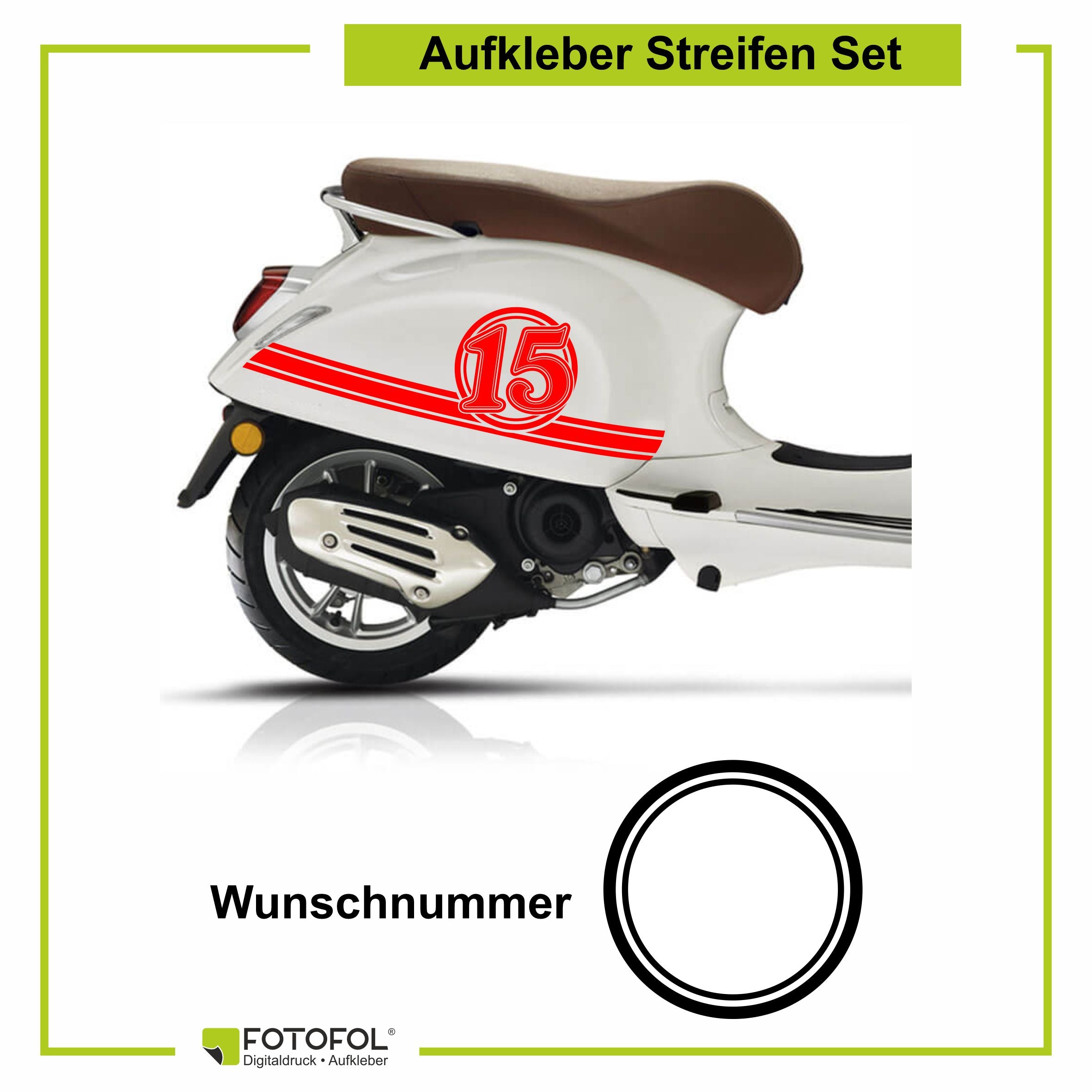 Aufkleber Streifen Set Wunschnummer passend für Motorroller "Vespa Primavera" - Wunschzahl Dekor Aufkleber Scooter - FOTOFOL