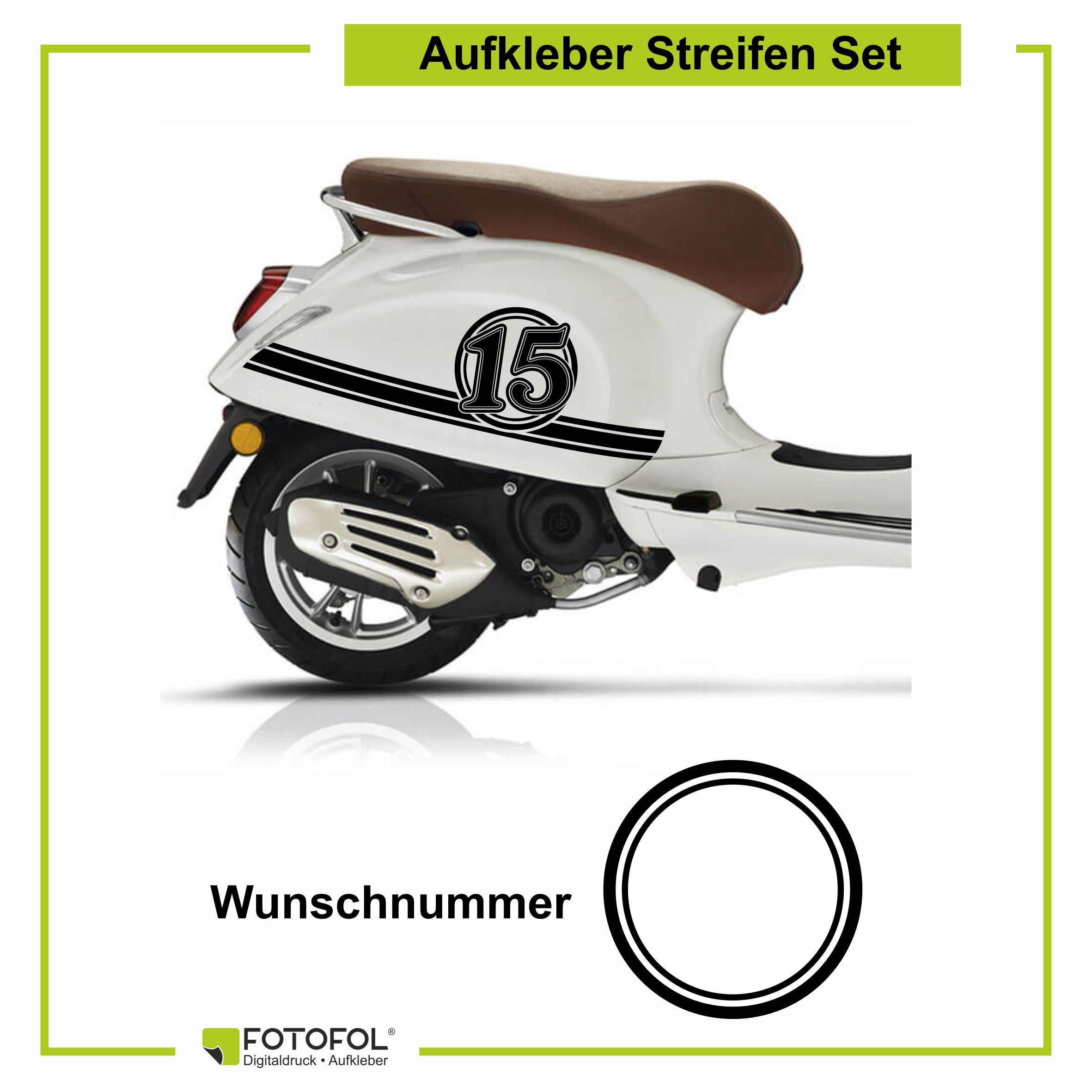 Aufkleber Streifen Set Wunschnummer passend für Motorroller "Vespa Primavera" - Wunschzahl Dekor Aufkleber Scooter - FOTOFOL