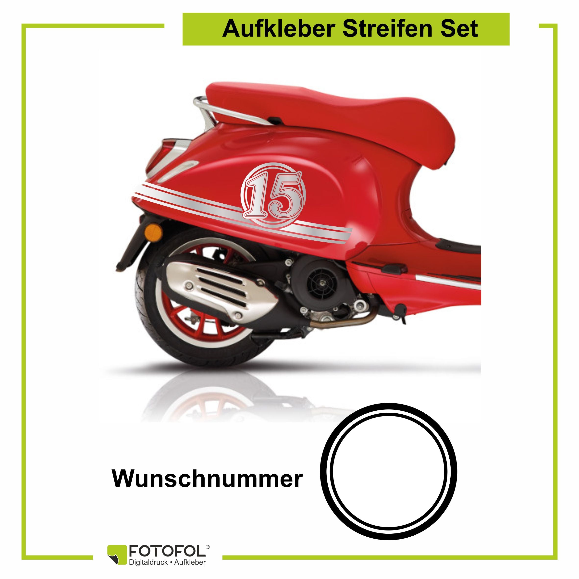 Aufkleber Streifen Set Wunschnummer passend für Motorroller "Vespa Primavera" - Wunschzahl Dekor Aufkleber Scooter - FOTOFOL
