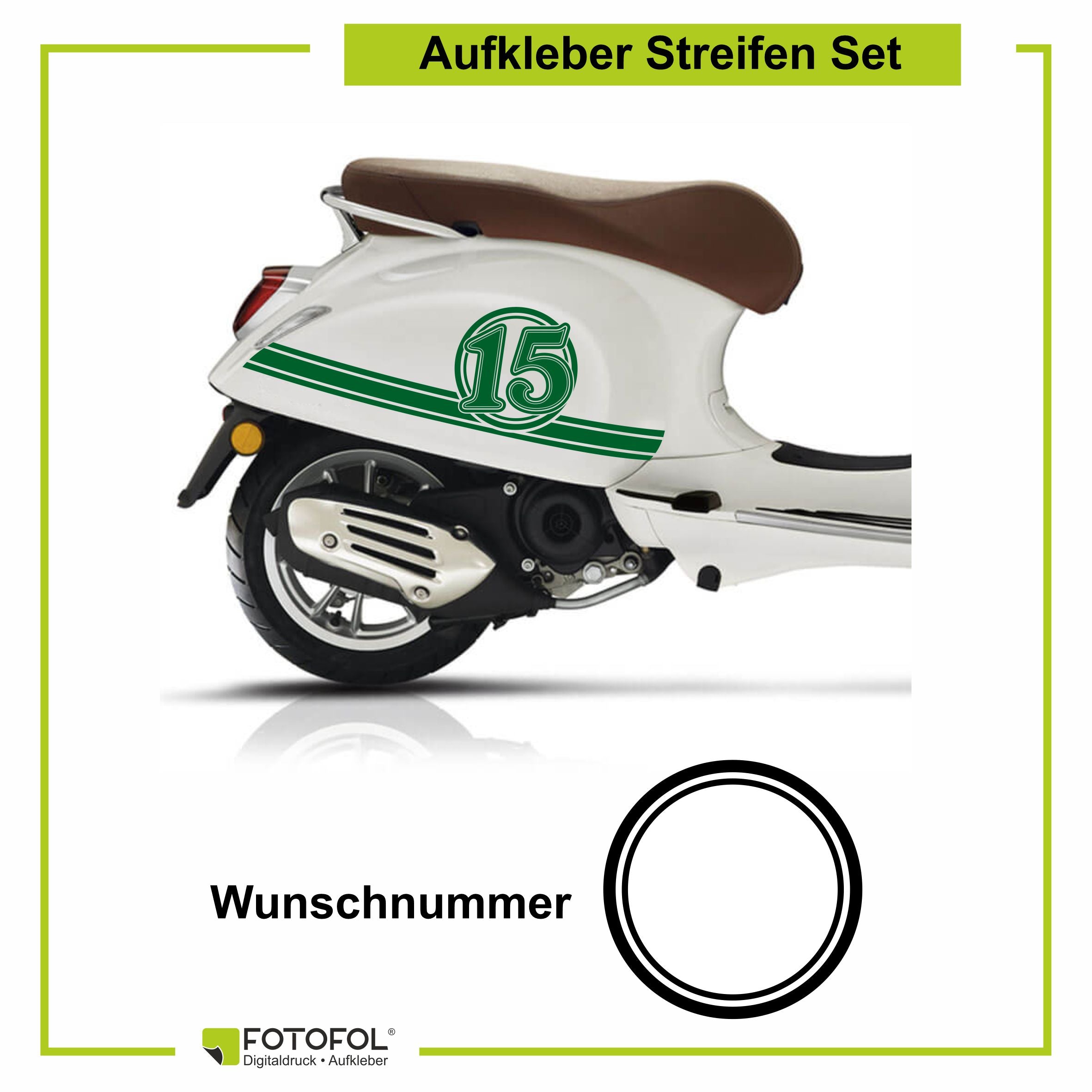 Aufkleber Streifen Set Wunschnummer passend für Motorroller "Vespa Primavera" - Wunschzahl Dekor Aufkleber Scooter - FOTOFOL