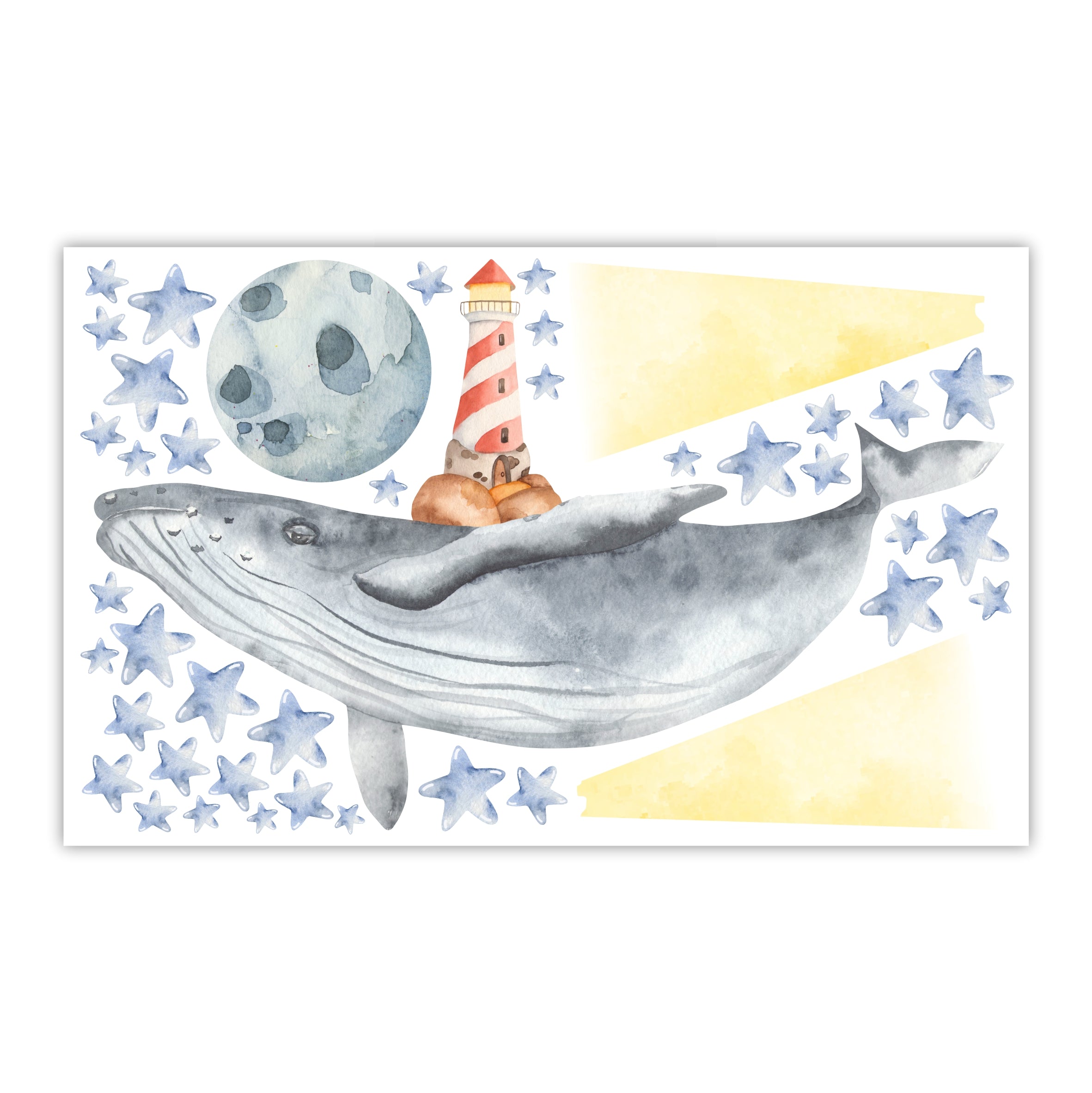 Wandtattoo Wal mit Leuchtturm und Mond mit Sterne - Wandsticker Kinderzimmer - FOTOFOL