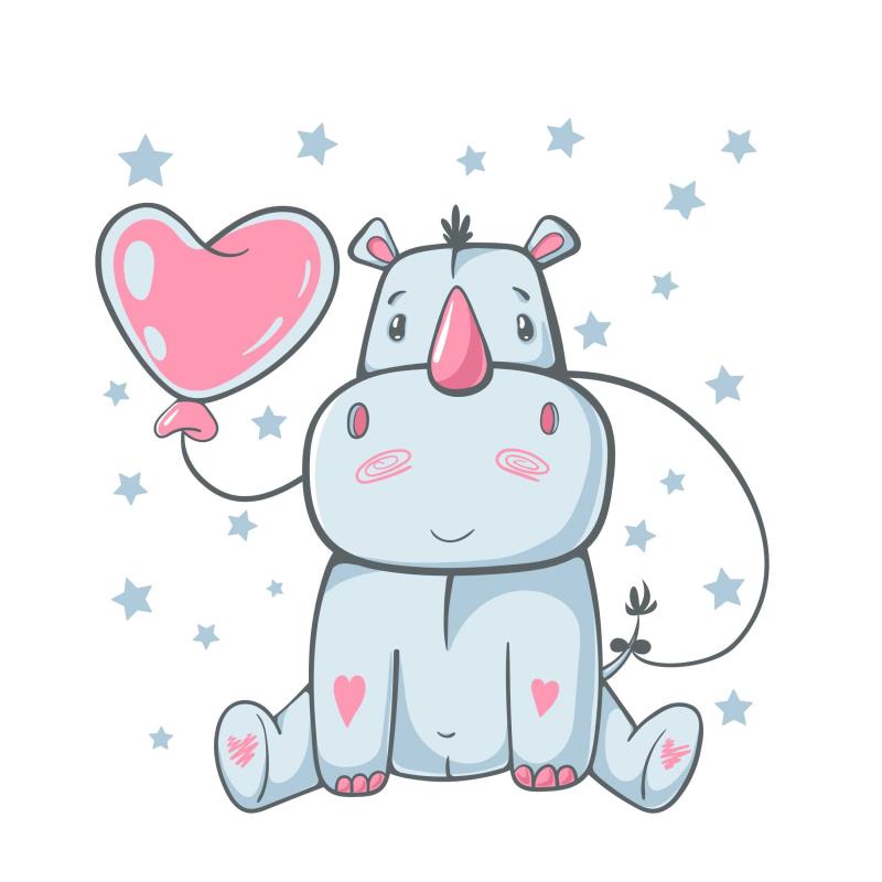 Wandtattoo Kinderzimmer Nashorn mit Ballon Herz Sterne - FOTOFOL