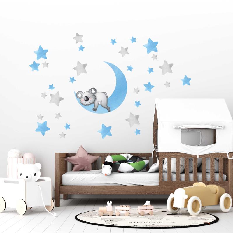 Wandtattoo Kinderzimmer Mond mit Koala Bär und Sternen - FOTOFOL