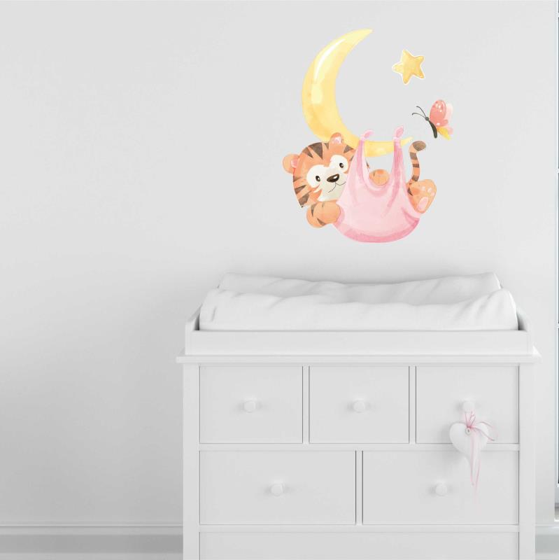 Wandtattoo Kinderzimmer Tiger in der Hängematte, die am Mond hängt - FOTOFOL