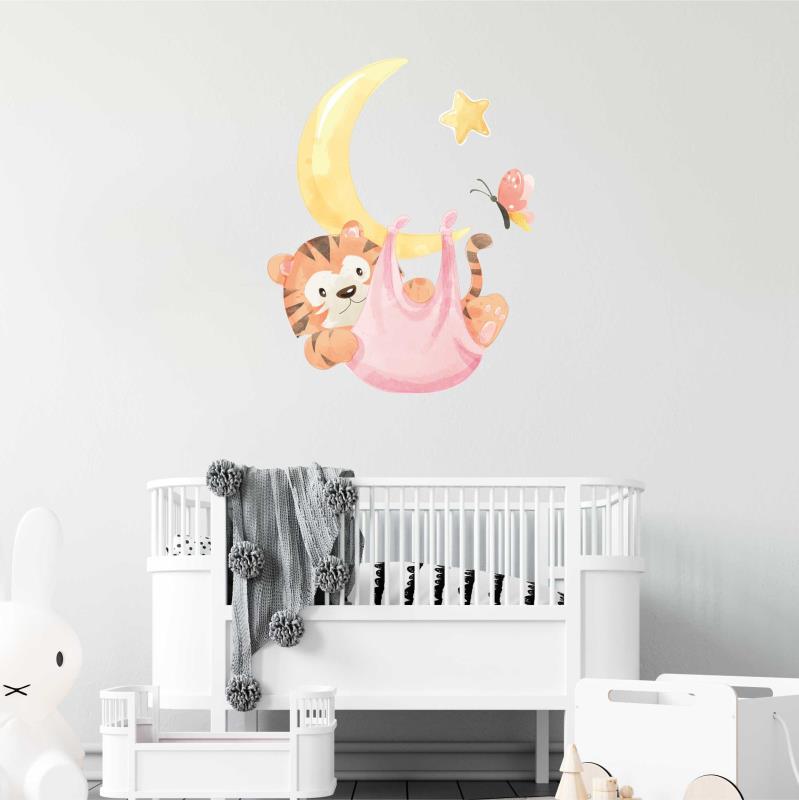 Wandtattoo Kinderzimmer Tiger in der Hängematte, die am Mond hängt - FOTOFOL