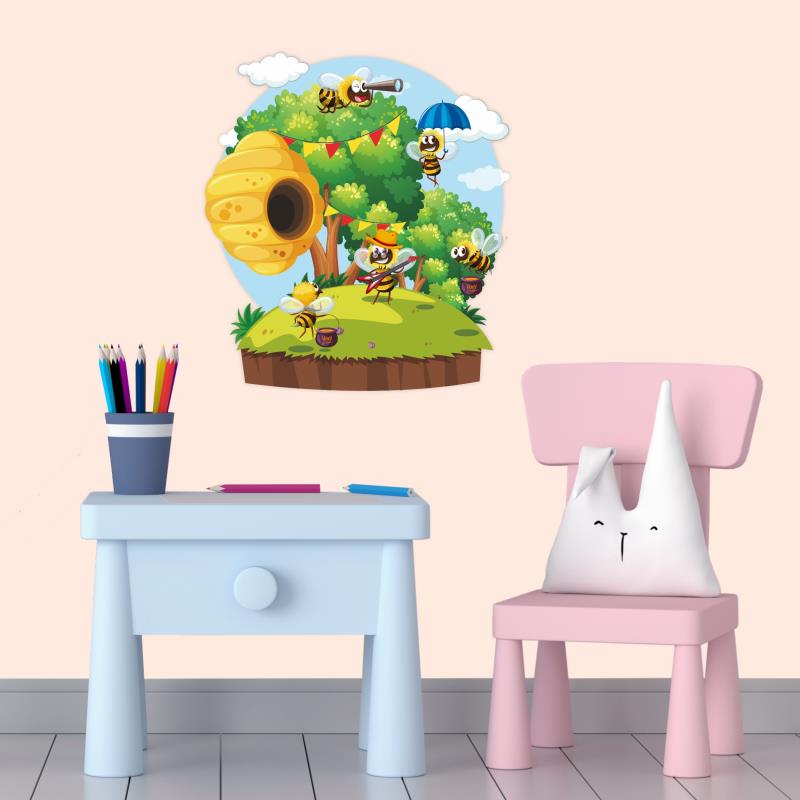 Wandtatoo Kinderzimmer Deko Bienen fliegen um Bienenstock auf der Insel - FOTOFOL