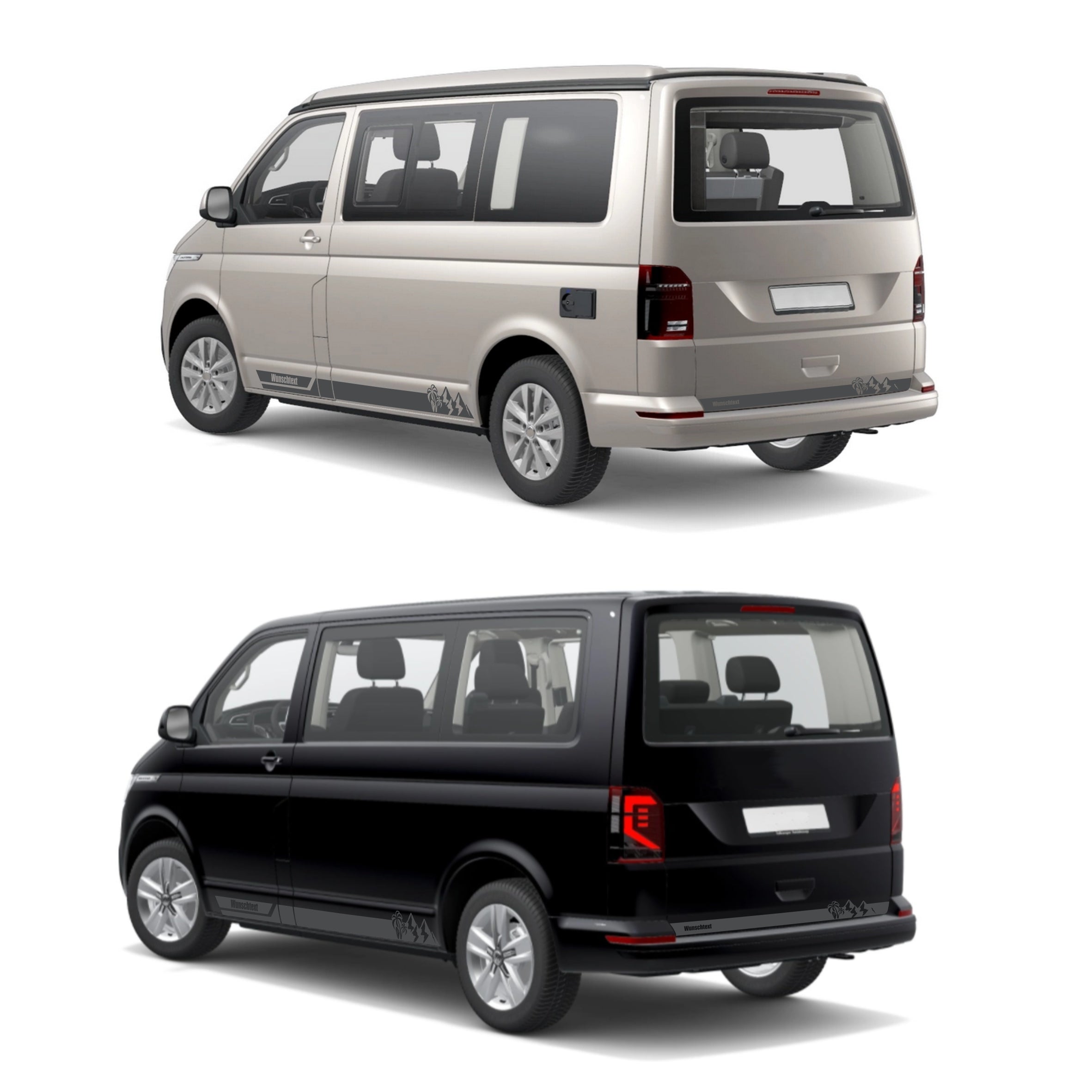Seitenstreifen Aufkleber Berge-Palme-Surfbrett passend für VW T6.1, T6, T5, Multivan, Bulli, Transporter - mit WUNSCHTEXT - FOTOFOL