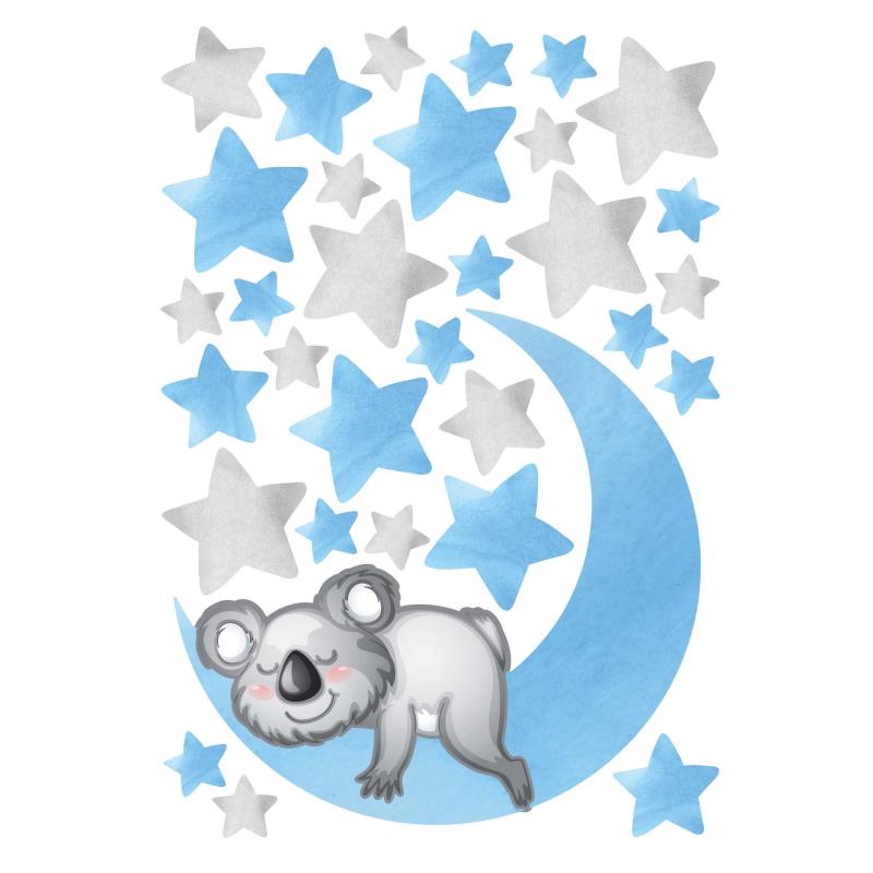 Wandtattoo Kinderzimmer Mond mit Koala Bär und Sternen - FOTOFOL