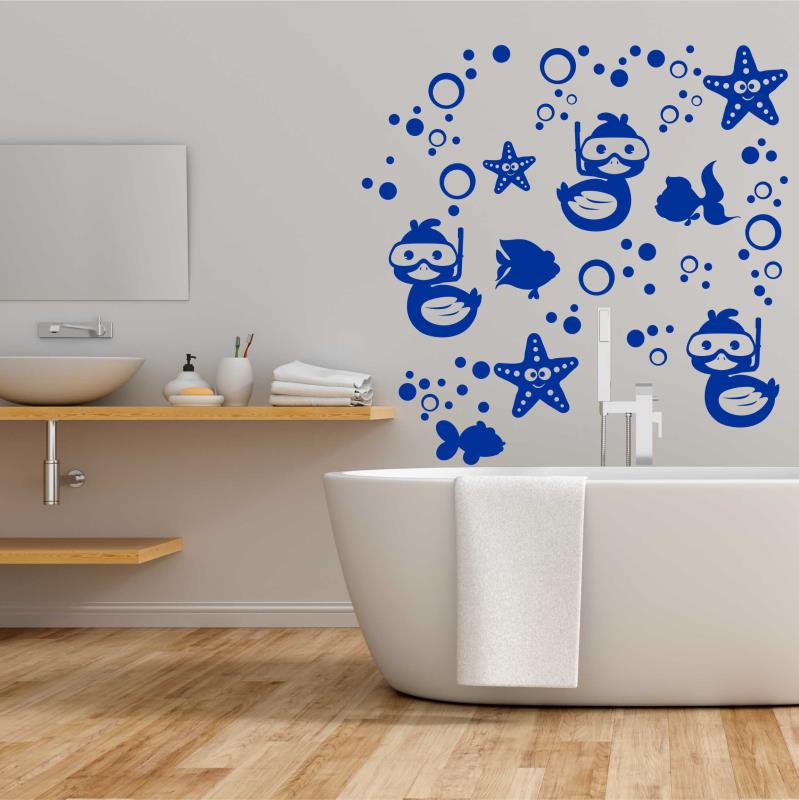 Wandtattoo Badezimmer Enten Unterwasser mit Fische und Seesterne Luftblasen - FOTOFOL