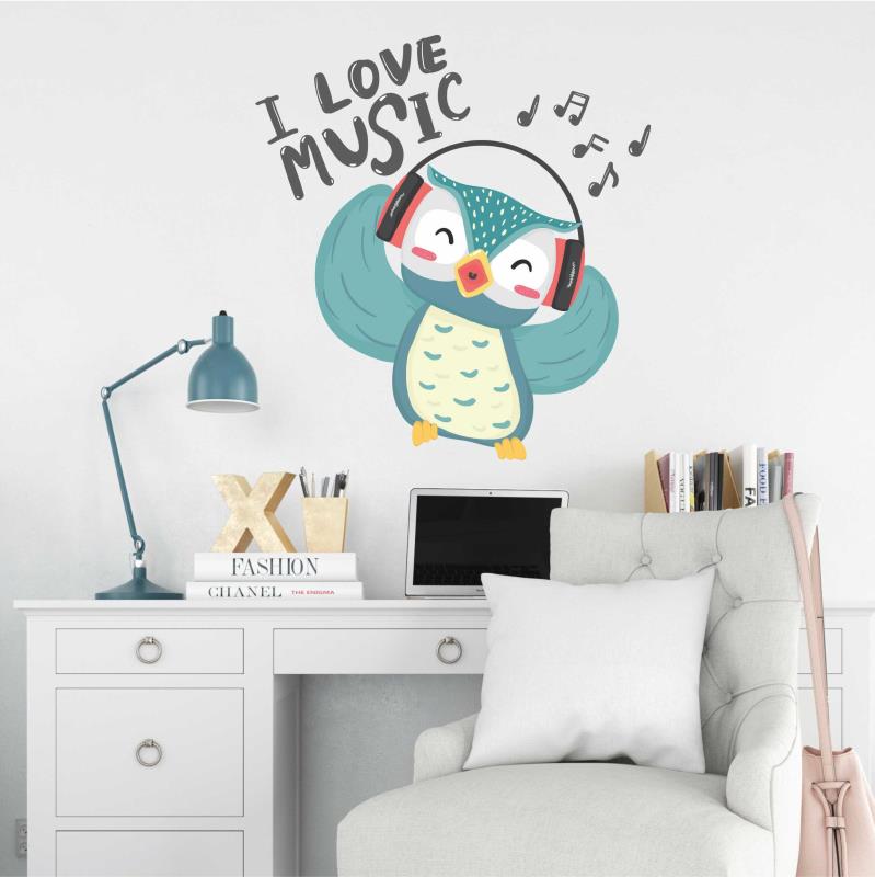 Wandtattoo Teenager-Zimmer Deko Owl Kopfhörer Musik hören - FOTOFOL