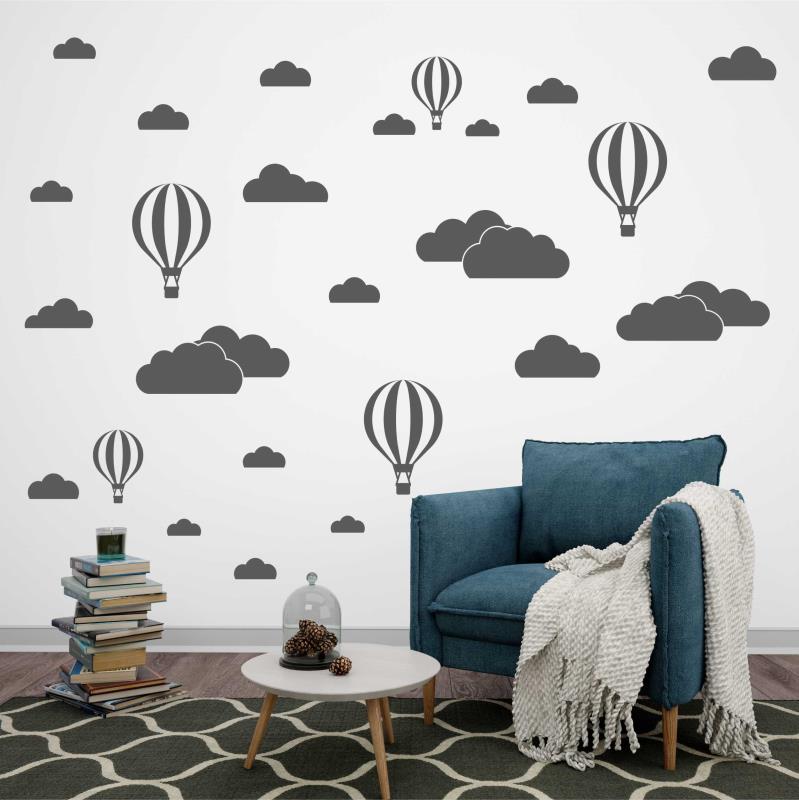 Wandtattoo Wohnzimmer Heißluftballons mit Wolken - FOTOFOL