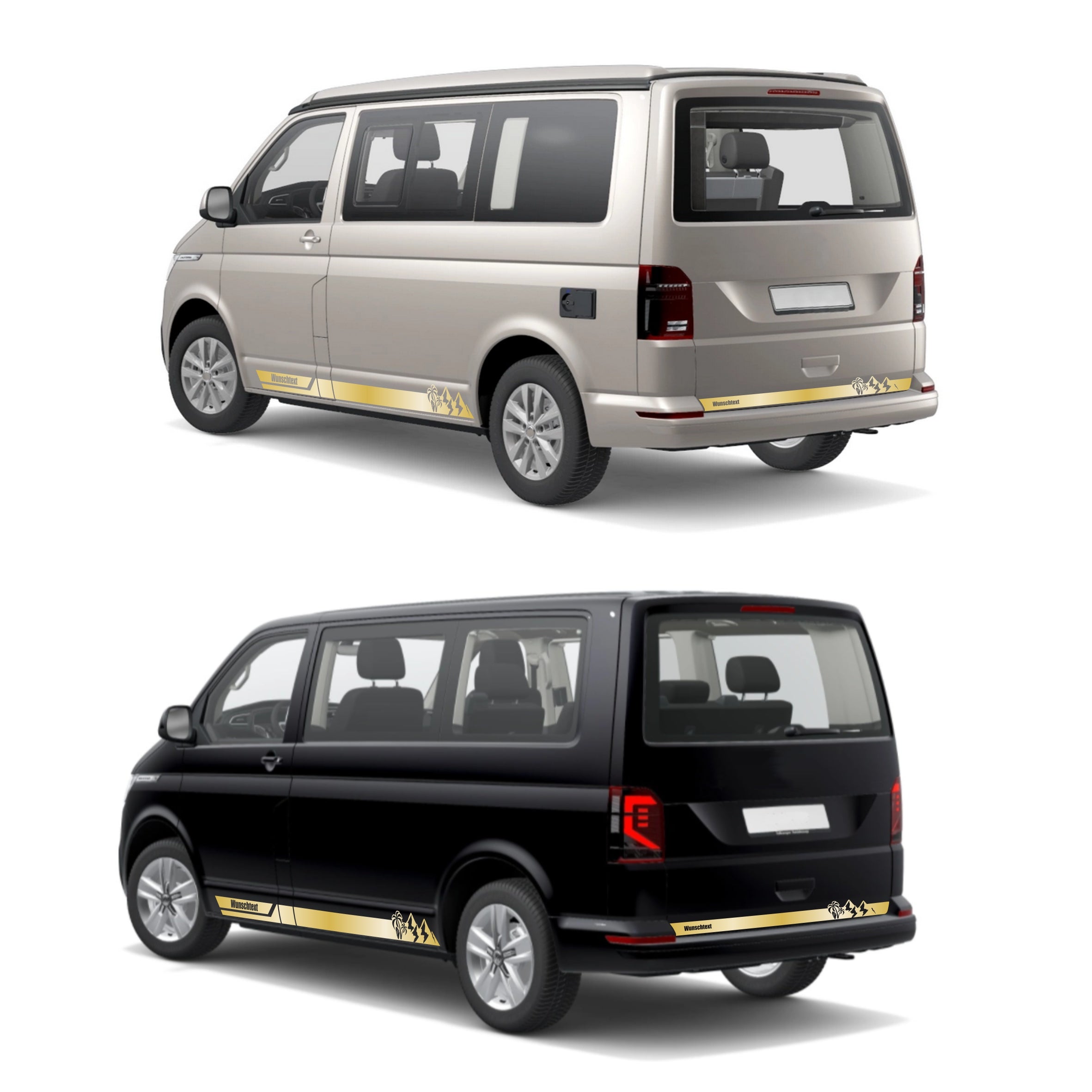Seitenstreifen Aufkleber Berge-Palme-Surfbrett passend für VW T6.1, T6, T5, Multivan, Bulli, Transporter - mit WUNSCHTEXT - FOTOFOL