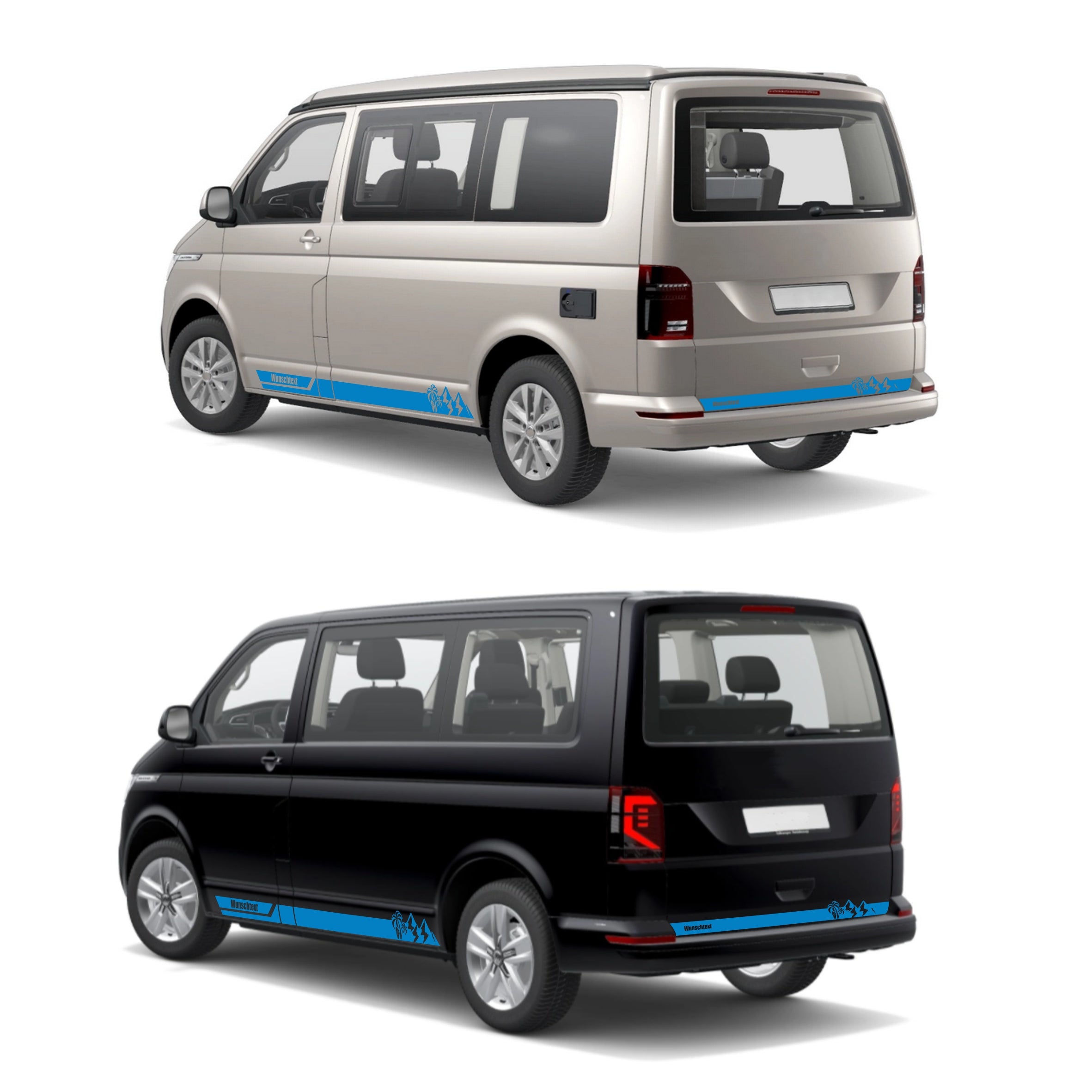 Seitenstreifen Aufkleber Berge-Palme-Surfbrett passend für VW T6.1, T6, T5, Multivan, Bulli, Transporter - mit WUNSCHTEXT - FOTOFOL