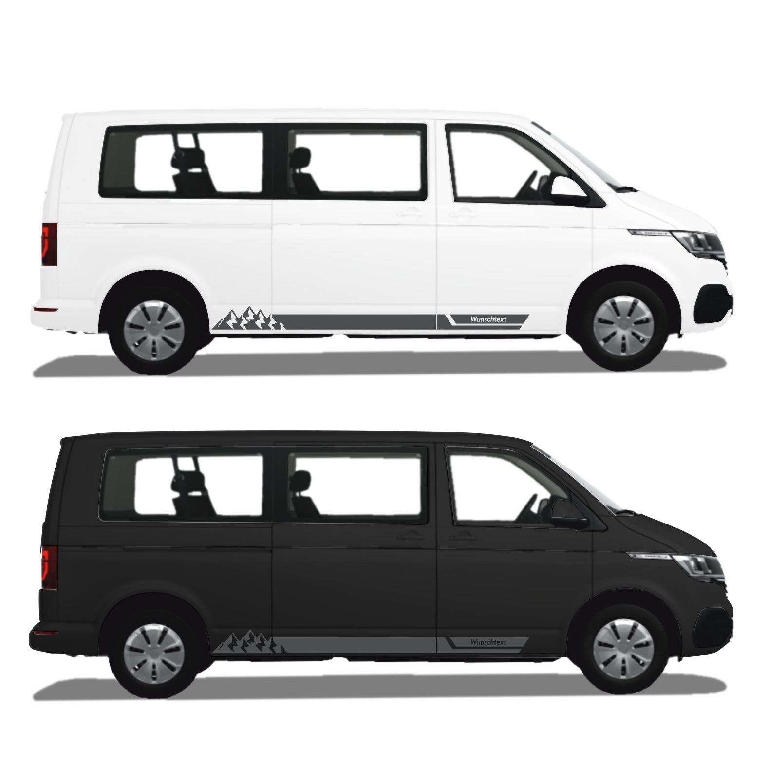 Seitenstreifen Aufkleber mit "Berge" Motiv passend für VW T6.1, T6, T5, Multivan, Bulli, Transporter - WUNSCHTEXT - FOTOFOL