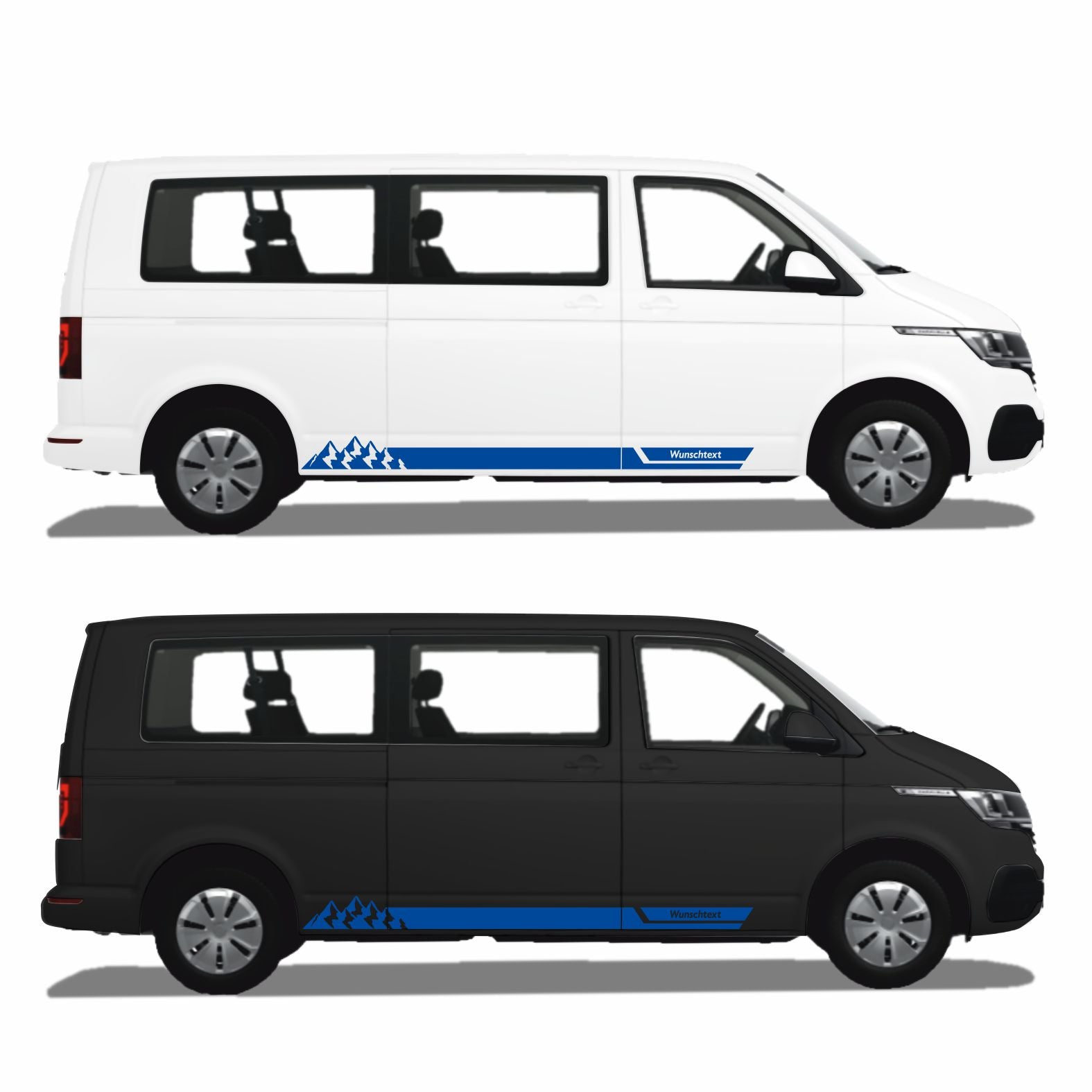 Seitenstreifen Aufkleber mit "Berge" Motiv passend für VW T6.1, T6, T5, Multivan, Bulli, Transporter - WUNSCHTEXT - FOTOFOL