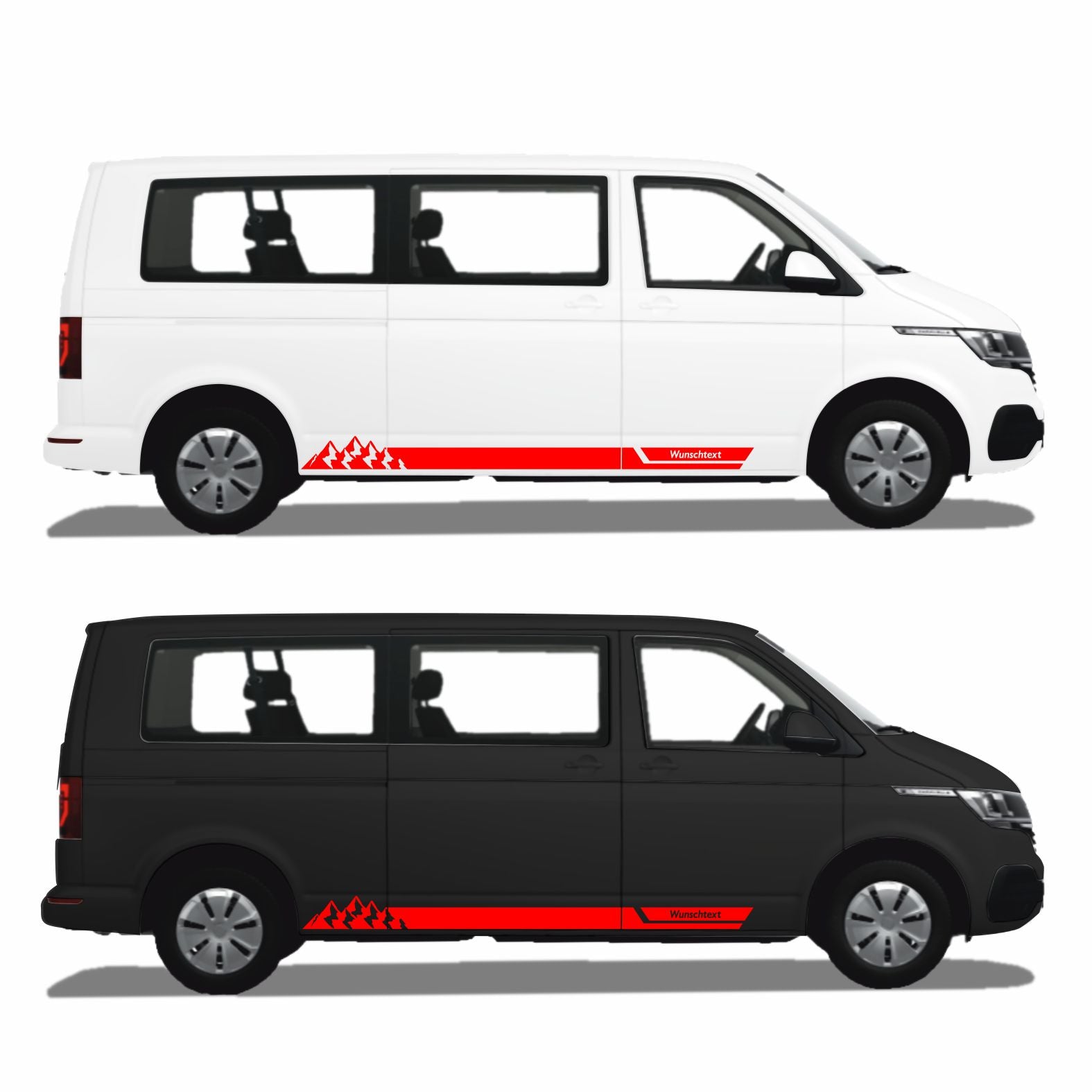 Seitenstreifen Aufkleber mit "Berge" Motiv passend für VW T6.1, T6, T5, Multivan, Bulli, Transporter - WUNSCHTEXT - FOTOFOL