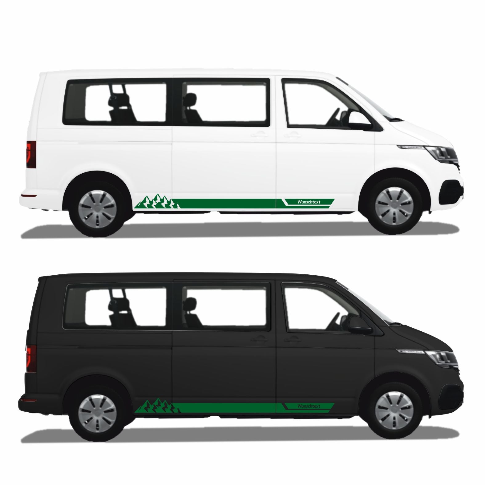 Seitenstreifen Aufkleber mit "Berge" Motiv passend für VW T6.1, T6, T5, Multivan, Bulli, Transporter - WUNSCHTEXT - FOTOFOL