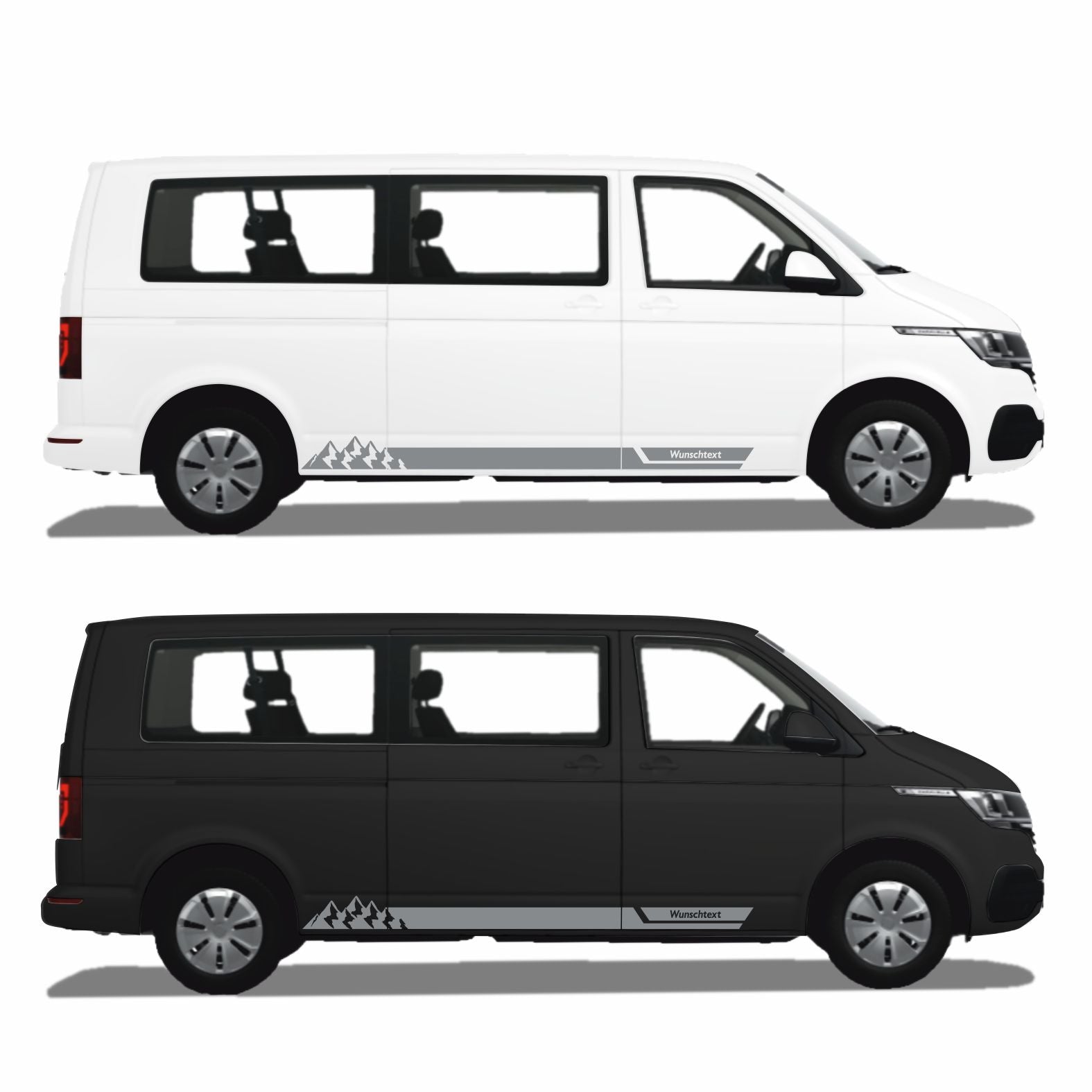 Seitenstreifen Aufkleber mit "Berge" Motiv passend für VW T6.1, T6, T5, Multivan, Bulli, Transporter - WUNSCHTEXT - FOTOFOL