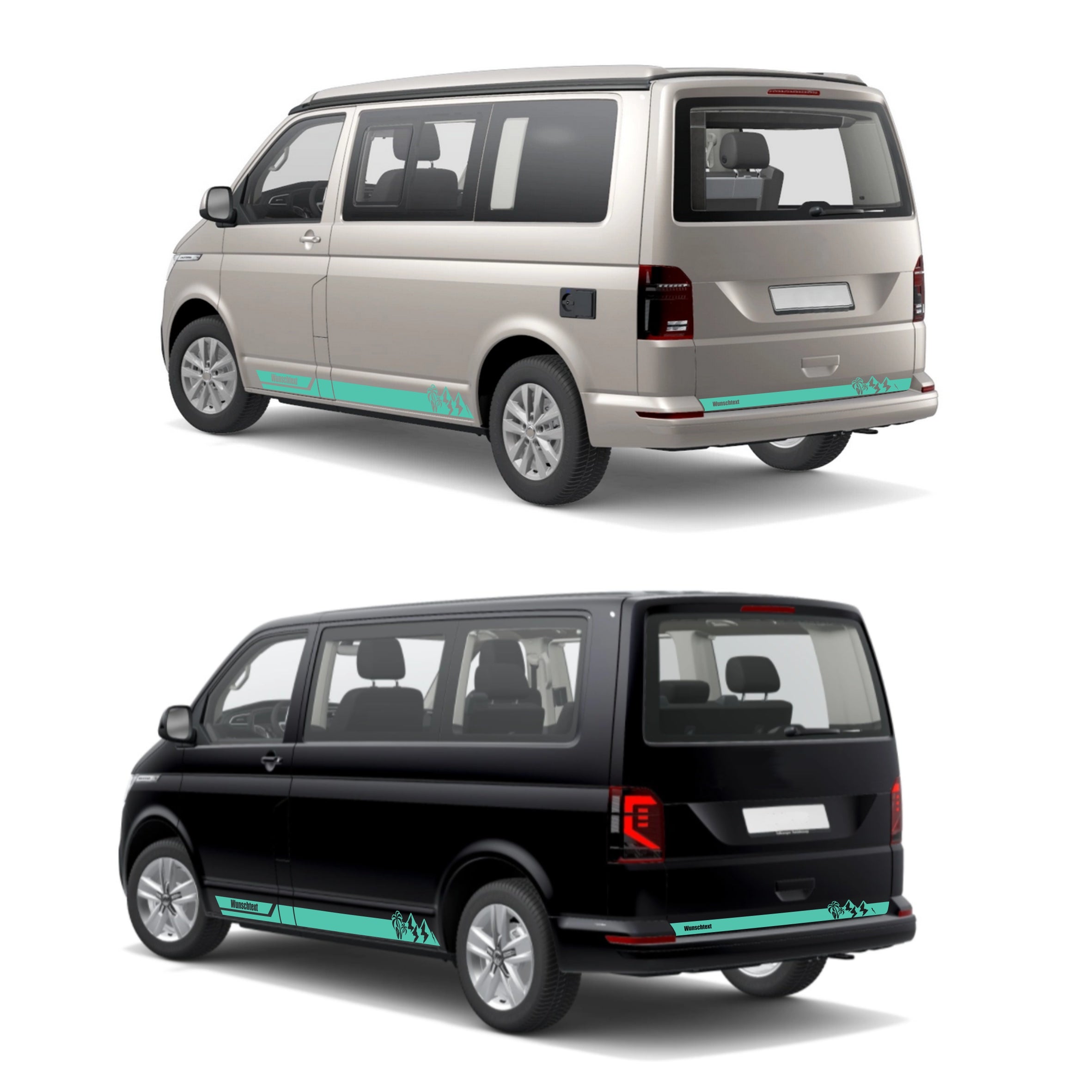 Seitenstreifen Aufkleber Berge-Palme-Surfbrett passend für VW T6.1, T6, T5, Multivan, Bulli, Transporter - mit WUNSCHTEXT - FOTOFOL