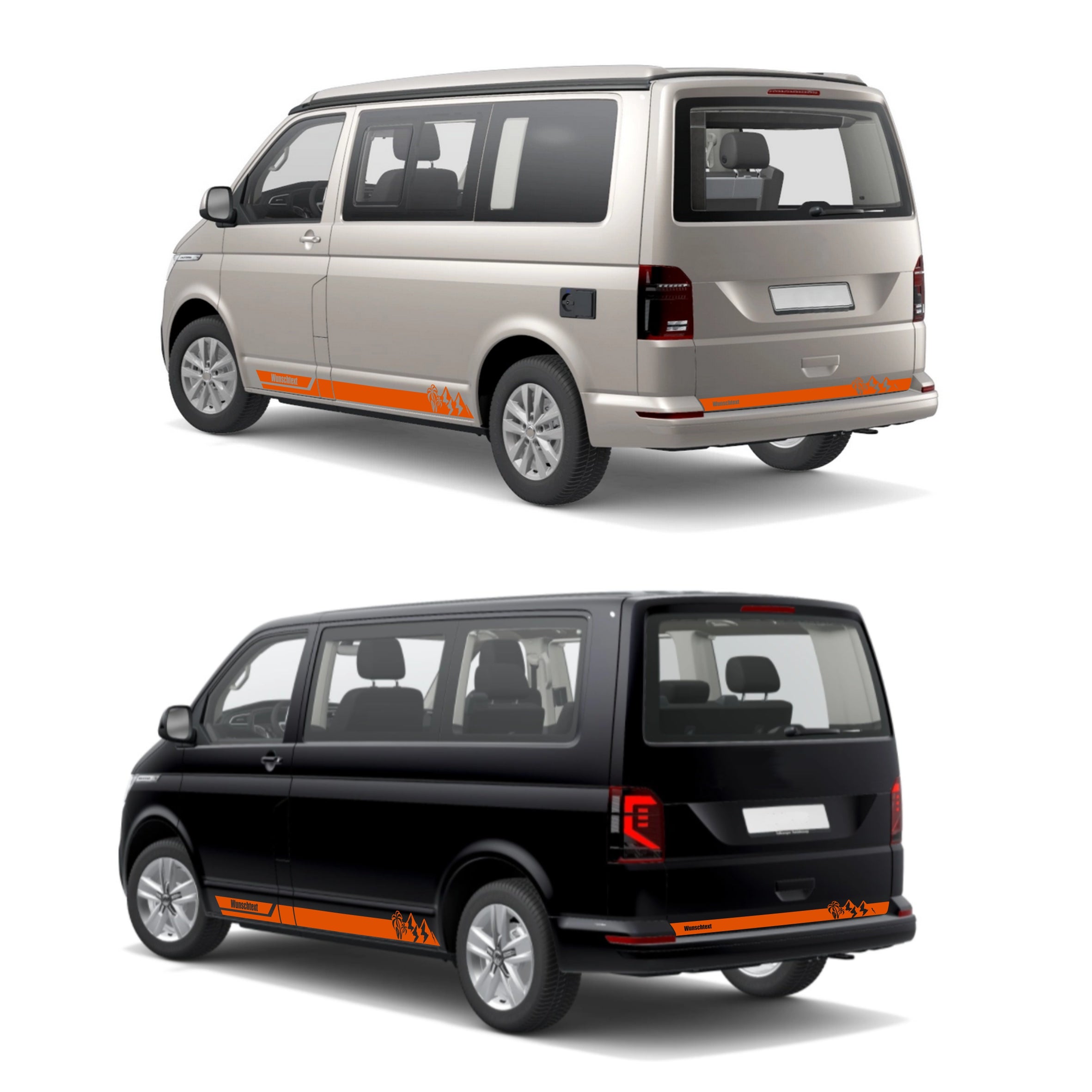 Seitenstreifen Aufkleber Berge-Palme-Surfbrett passend für VW T6.1, T6, T5, Multivan, Bulli, Transporter - mit WUNSCHTEXT - FOTOFOL