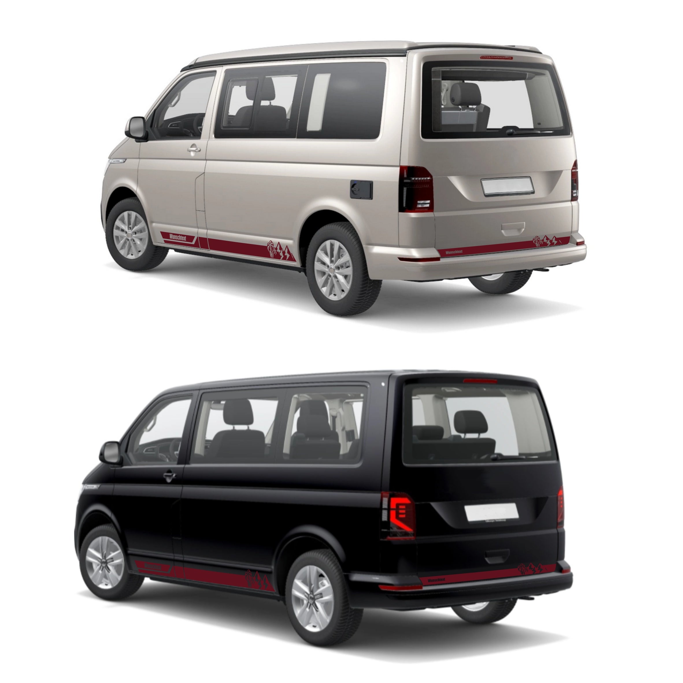 Seitenstreifen Aufkleber Berge-Palme-Surfbrett passend für VW T6.1, T6, T5, Multivan, Bulli, Transporter - mit WUNSCHTEXT - FOTOFOL