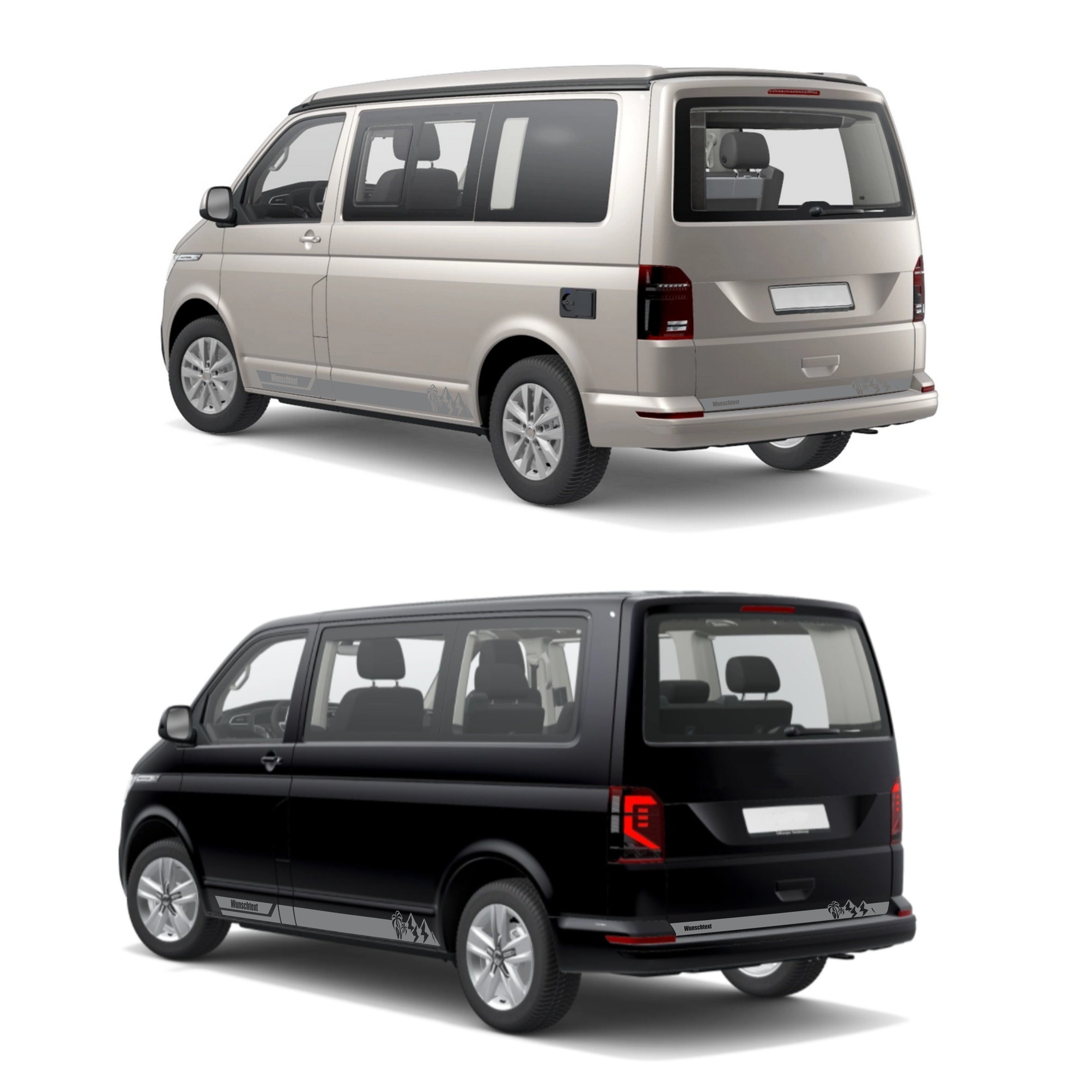 Seitenstreifen Aufkleber Berge-Palme-Surfbrett passend für VW T6.1, T6, T5, Multivan, Bulli, Transporter - mit WUNSCHTEXT - FOTOFOL