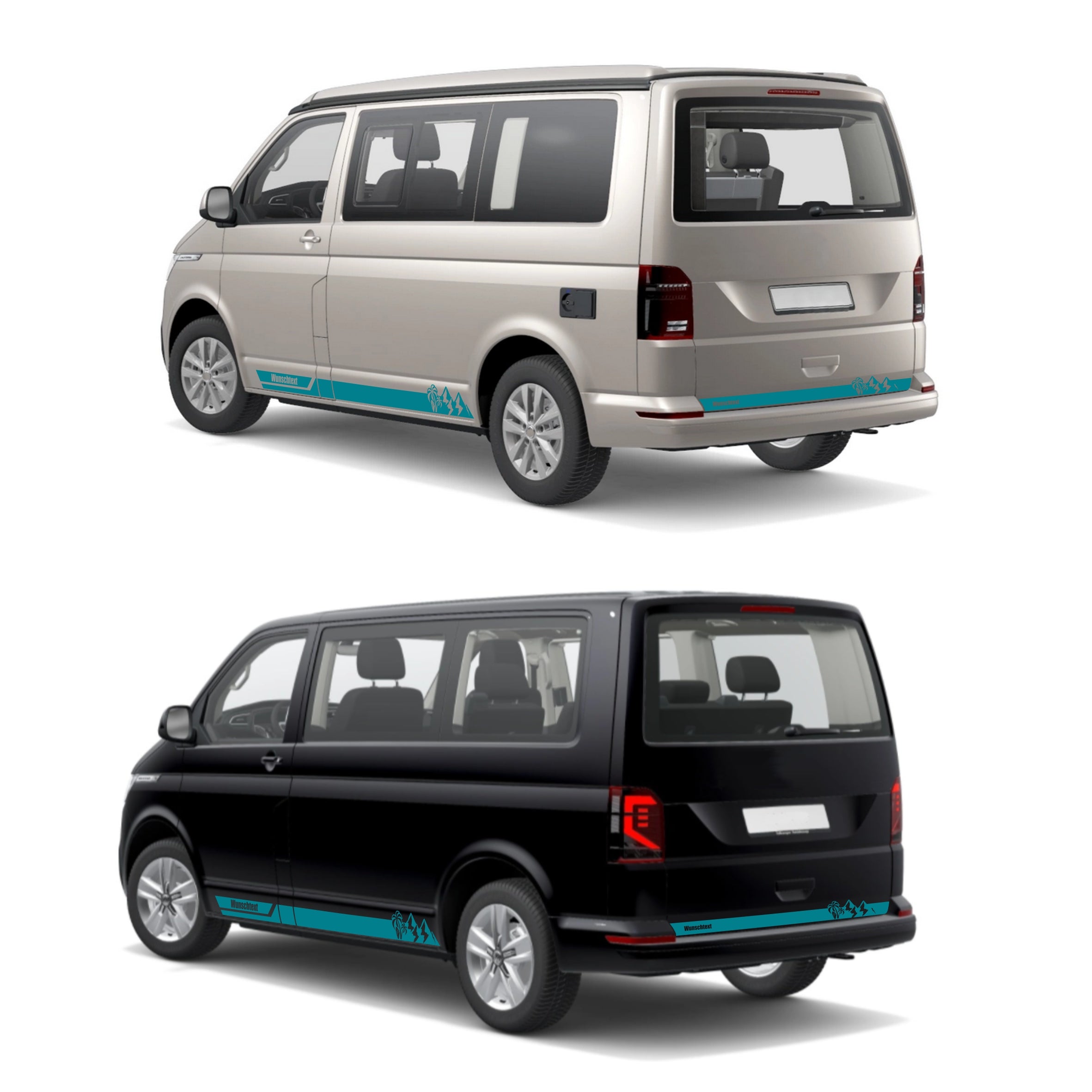 Seitenstreifen Aufkleber Berge-Palme-Surfbrett passend für VW T6.1, T6, T5, Multivan, Bulli, Transporter - mit WUNSCHTEXT - FOTOFOL