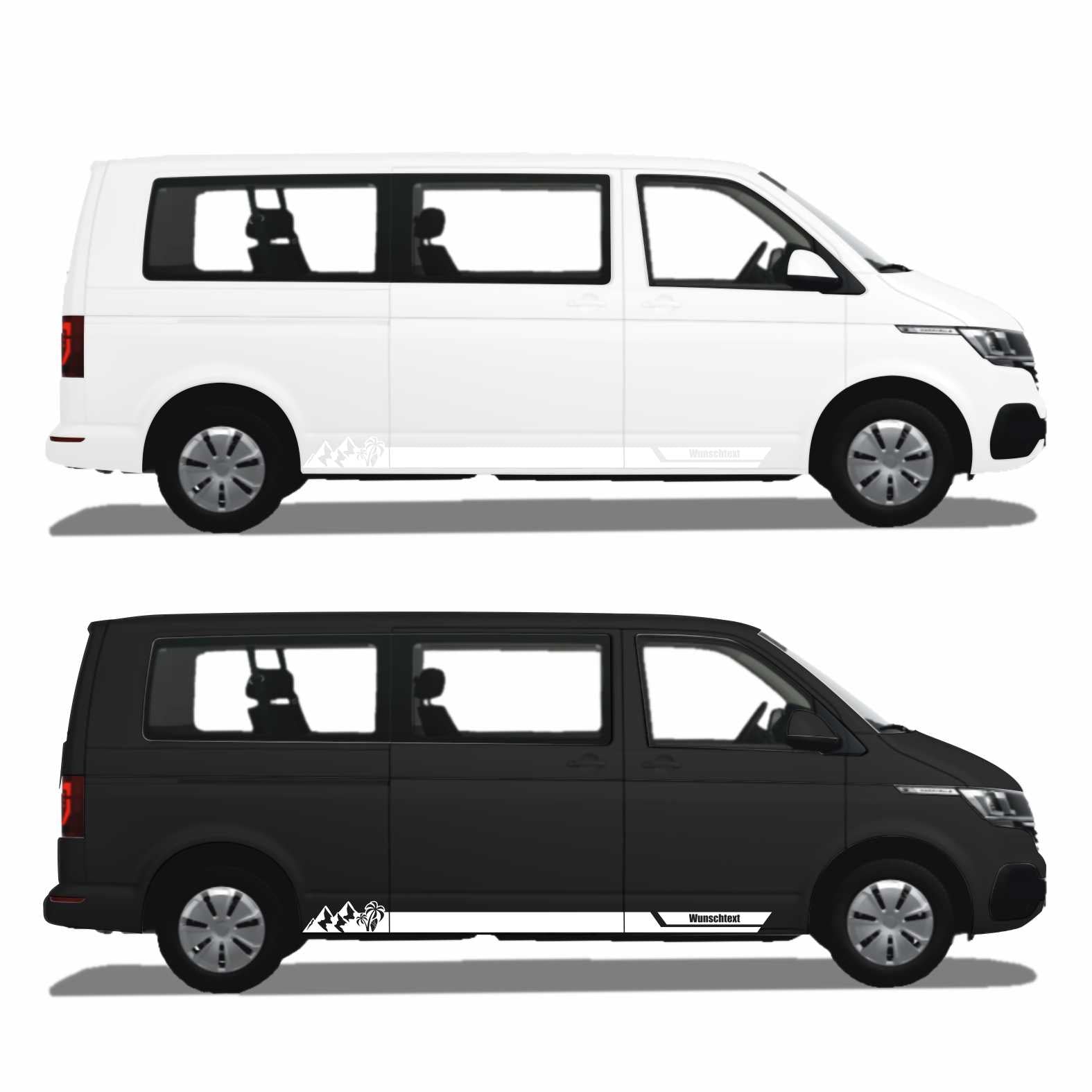 Seitenstreifen Aufkleber Berge-Palme-Surfbrett passend für VW T6.1, T6, T5, Multivan, Bulli, Transporter - mit WUNSCHTEXT - FOTOFOL