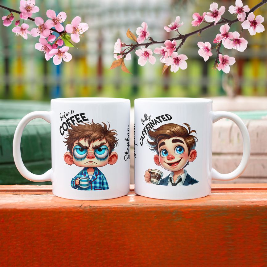 Tasse mit Namen „Before Coffee“ – junger Mann