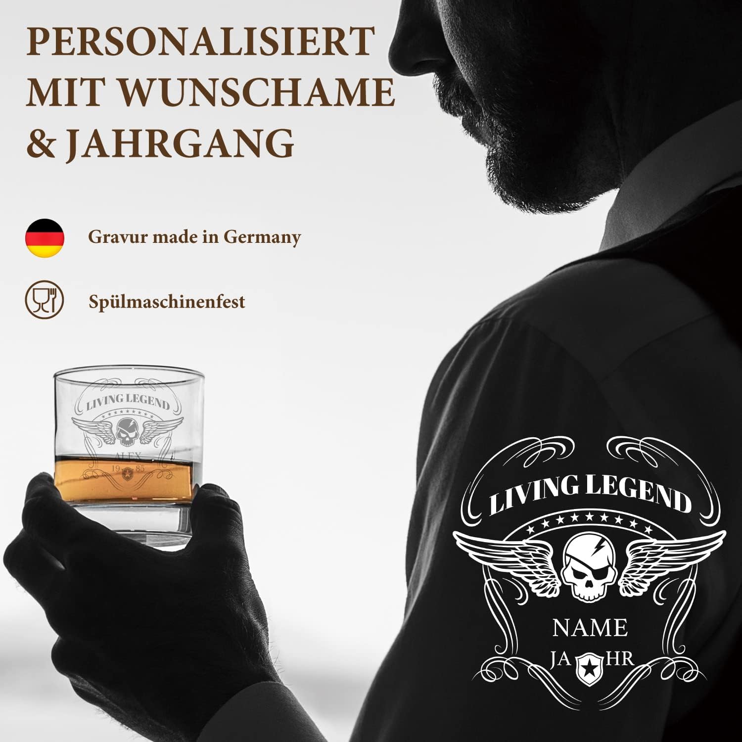 Personalisiertes Whiskey Glas "LIVING LEGEND" - Wunschname und Geburtsjahr - FOTOFOL