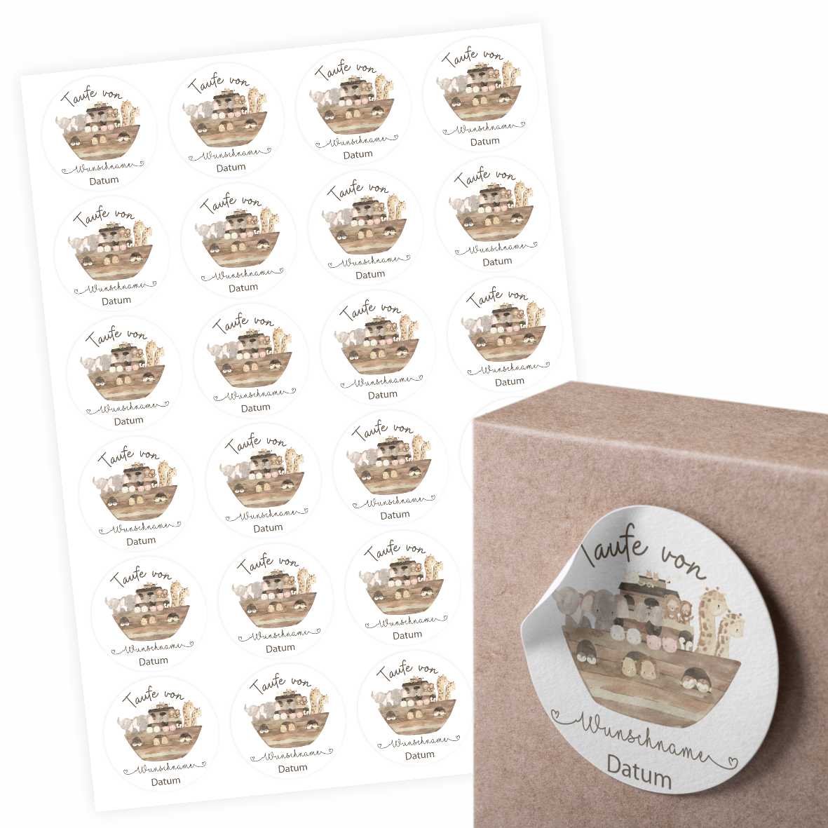 Personalisierte Aufkleber  Taufe "Arche Noah" mit Namen und Datum - 24Stück - 4,5cm - FOTOFOL