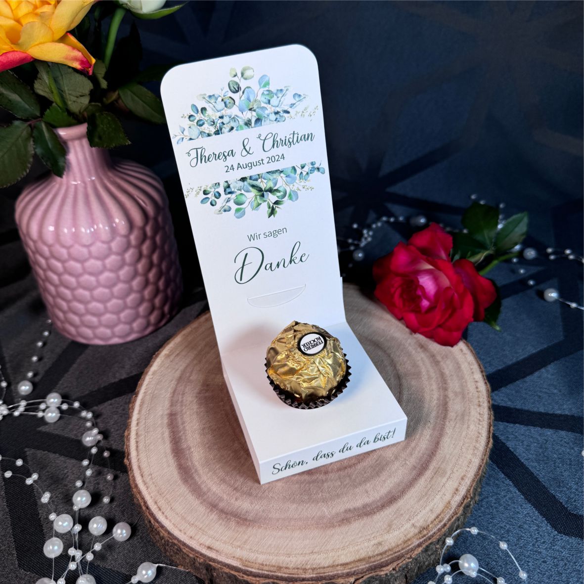 Aufsteller für Gastgeschenke personalisiert - Eucalyptus - FOTOFOL