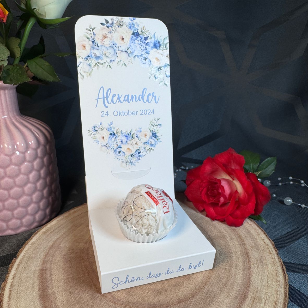 Aufsteller für Gastgeschenke personalisiert - blaue Blumen - FOTOFOL